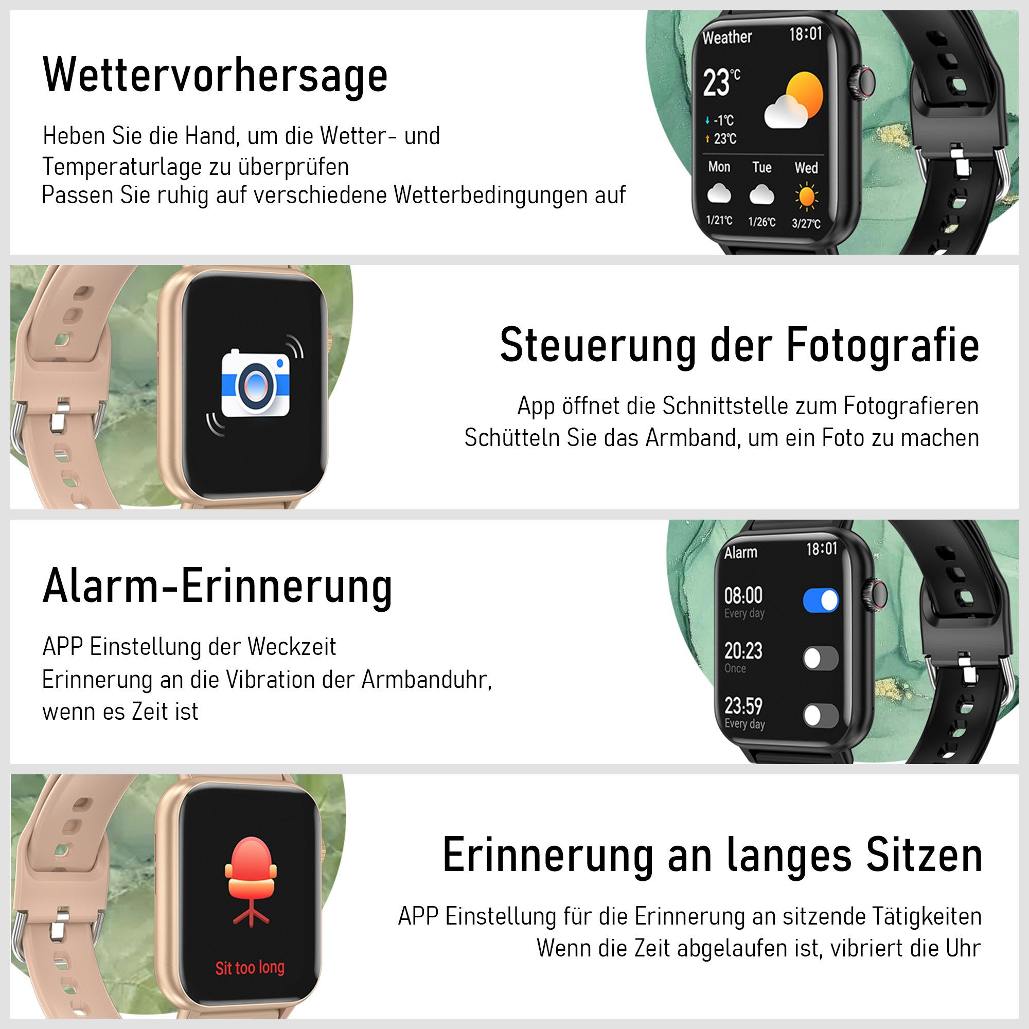 Smartwatch wyświetlający funkcje pogody, fotografii, alarmu i przypomnienia o siedzeniu z tekstem.