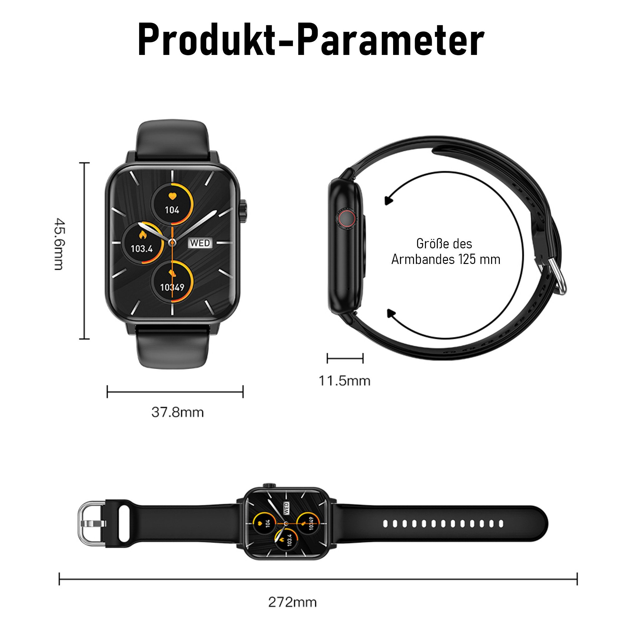 Czarny smartwatch, pokazujący pomiary. Widok z boku pokazuje rozmiar paska. Wymiary podano.