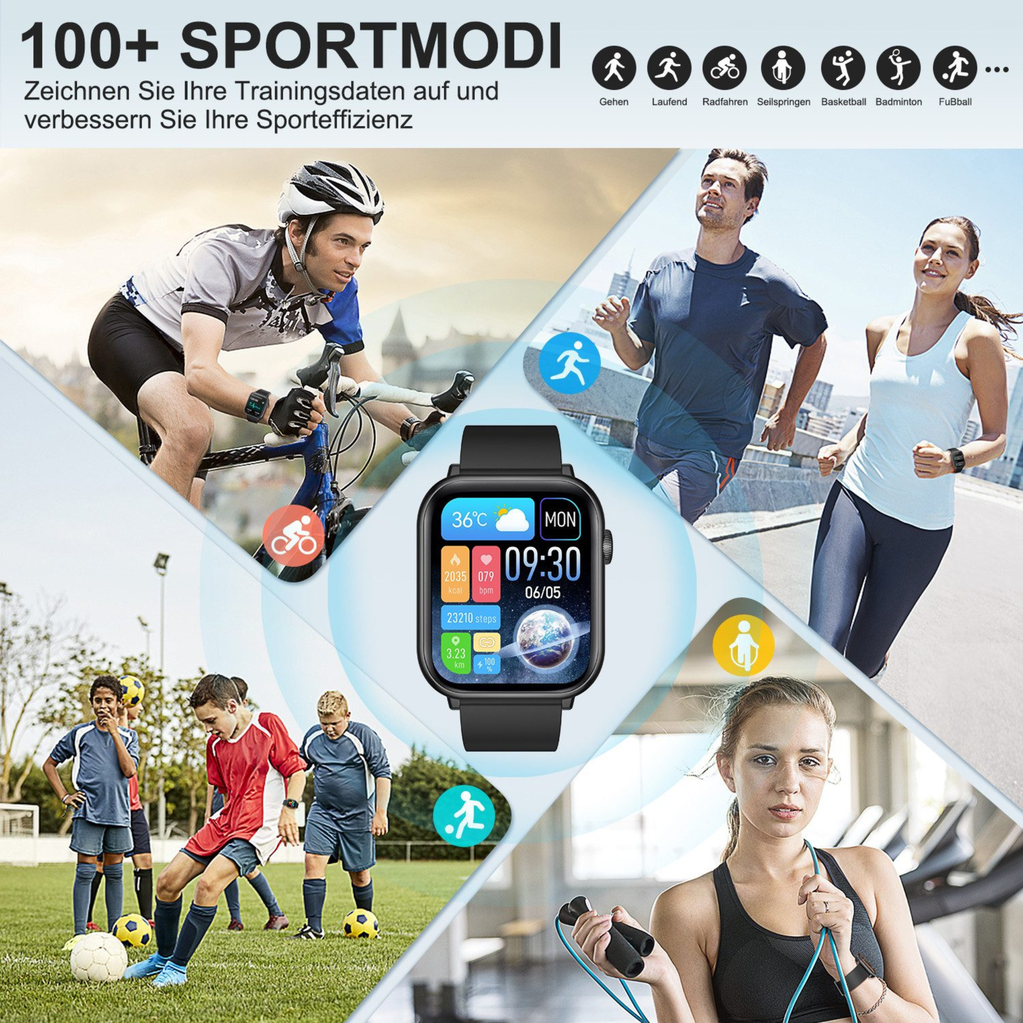 Collage von Personen, die mit einer Smartwatch trainieren. Text: '100+ Sportmodi'.