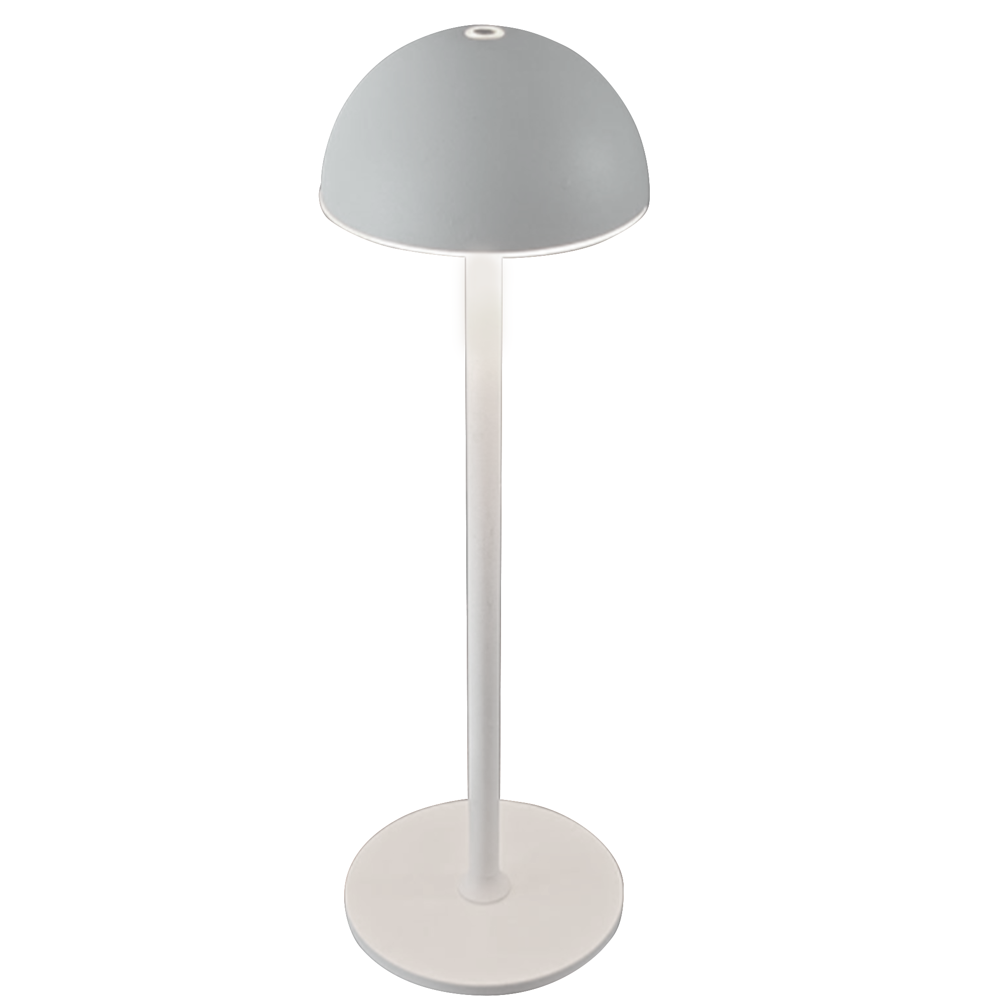 Eine weiße Lampe mit einem grau kuppelförmigen Kopf und einem weißen Sockel. Die Lampe ist eingeschaltet.
