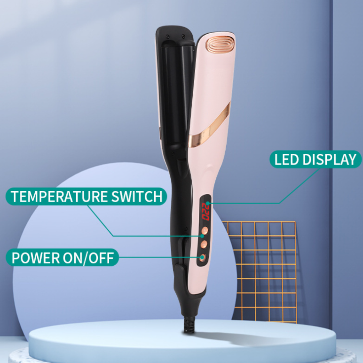 Haarglätter mit Temperaturschalter, Ein/Aus-Schalter.
