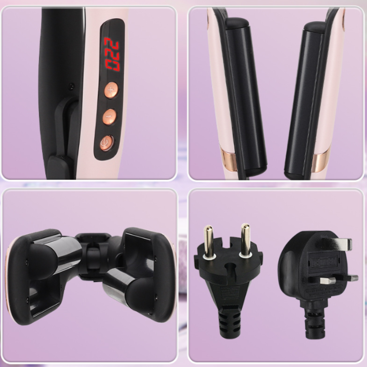 Nahaufnahmen eines rosa-weißen Haarglätters, die Vorderseite, Seiten und Stecker zeigen.
