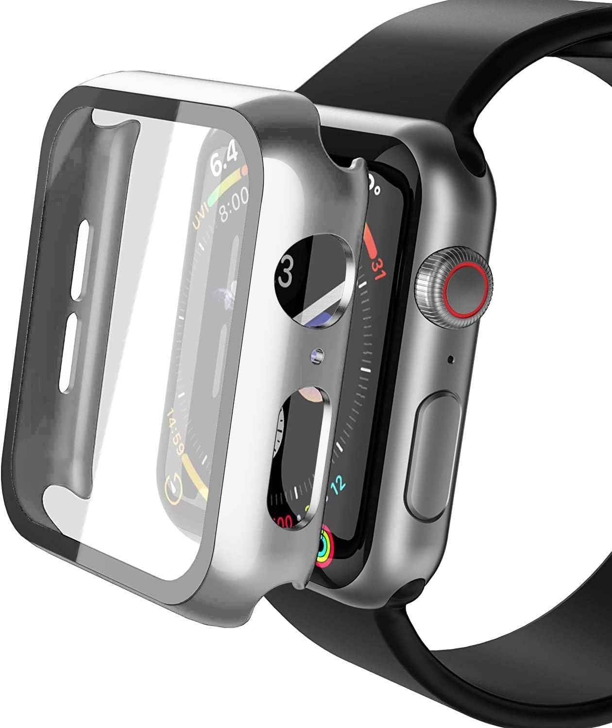 Eine silberne Uhr mit schwarzem Armband und Schutzhülle. Das Zifferblatt ist sichtbar.