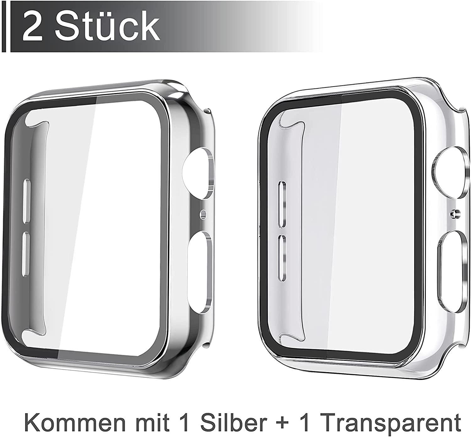 Zwei silberne Uhrenschützer mit klaren Bildschirmen. Text: Kommt mit 1 Silber + 1 Transparent.