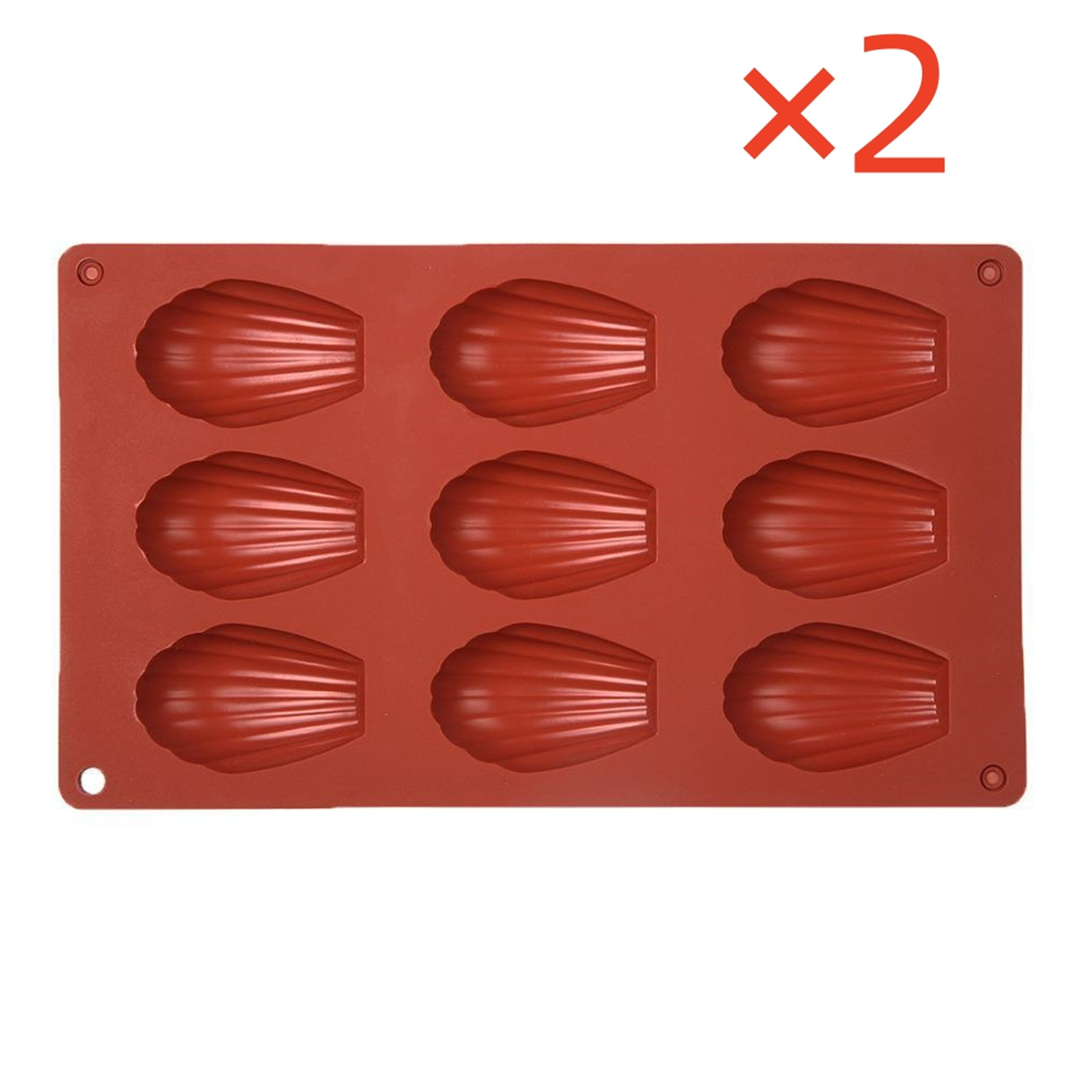 Madeleine-Form aus Silikon, rotbraun, mit neun muschelförmigen Vertiefungen, 'x2'.