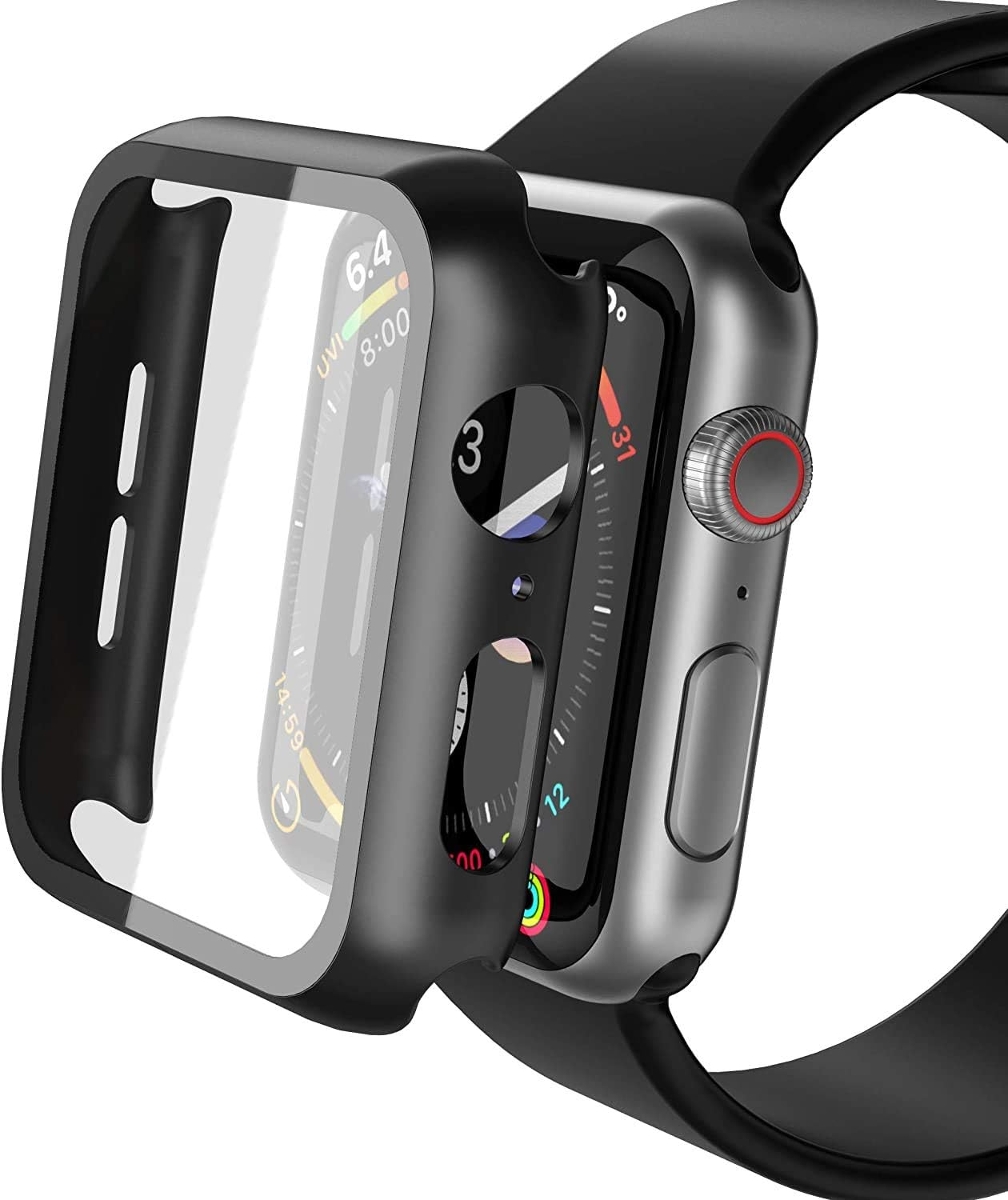 Schwarze Apple Watch mit schwarzem Schutzgehäuse auf der Vorderseite.