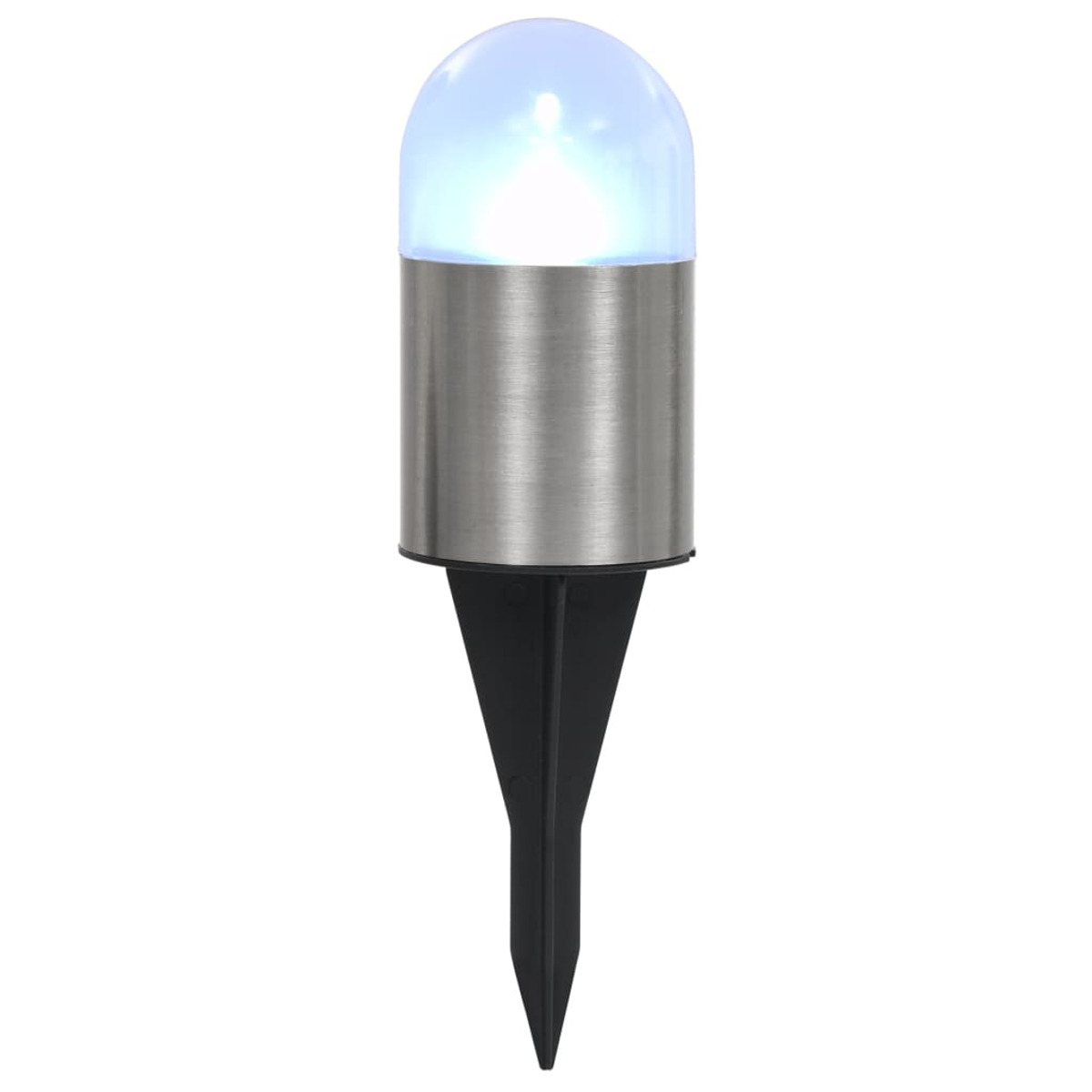 Solar-Gartenleuchte. Sie ist silber und schwarz mit weißem Licht.