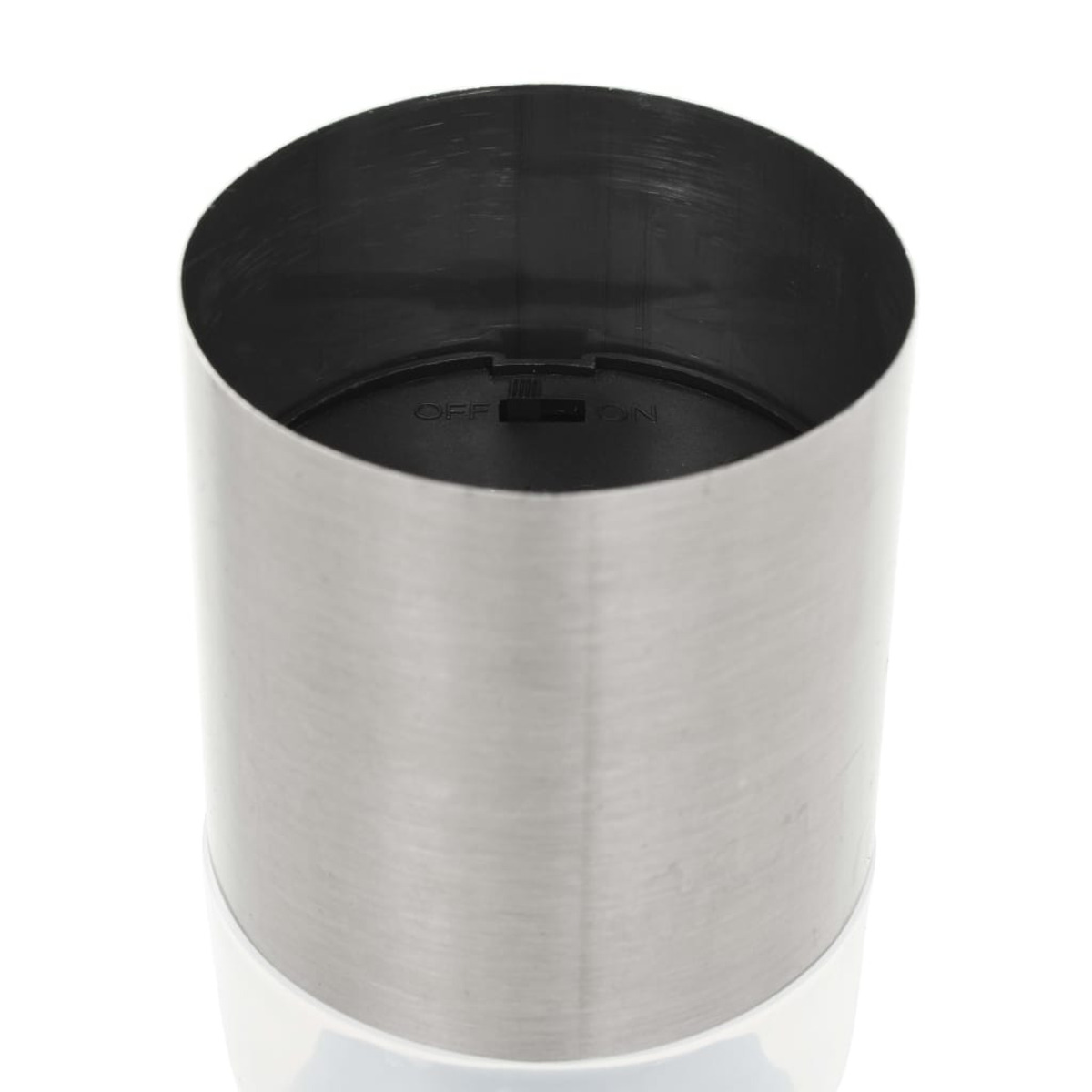 Ein zylindrischer Metallbehälter mit schwarzem Innenraum und Ein-/Ausschalter.