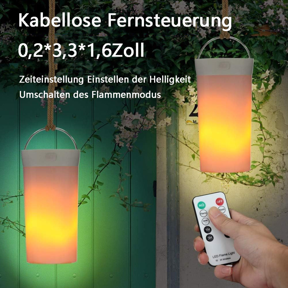 Zwei orangefarbene, flammenartige Lichter hängen an Seilen, gesteuert durch eine Fernbedienung.