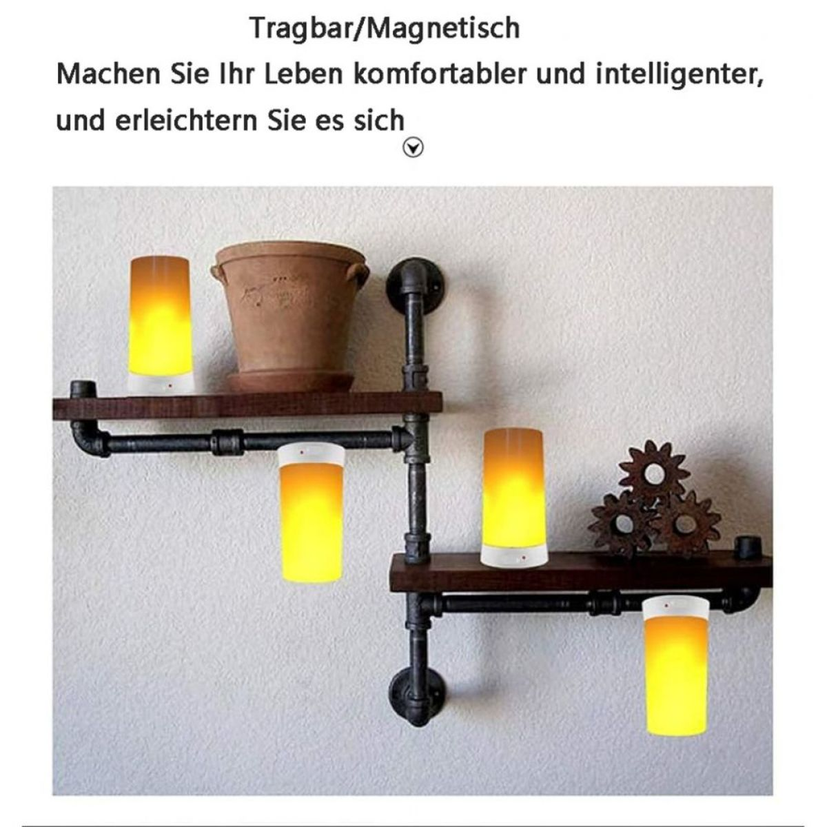 Holzregale mit dekorativen Lichtern und einem Topf. Weiße Wand.