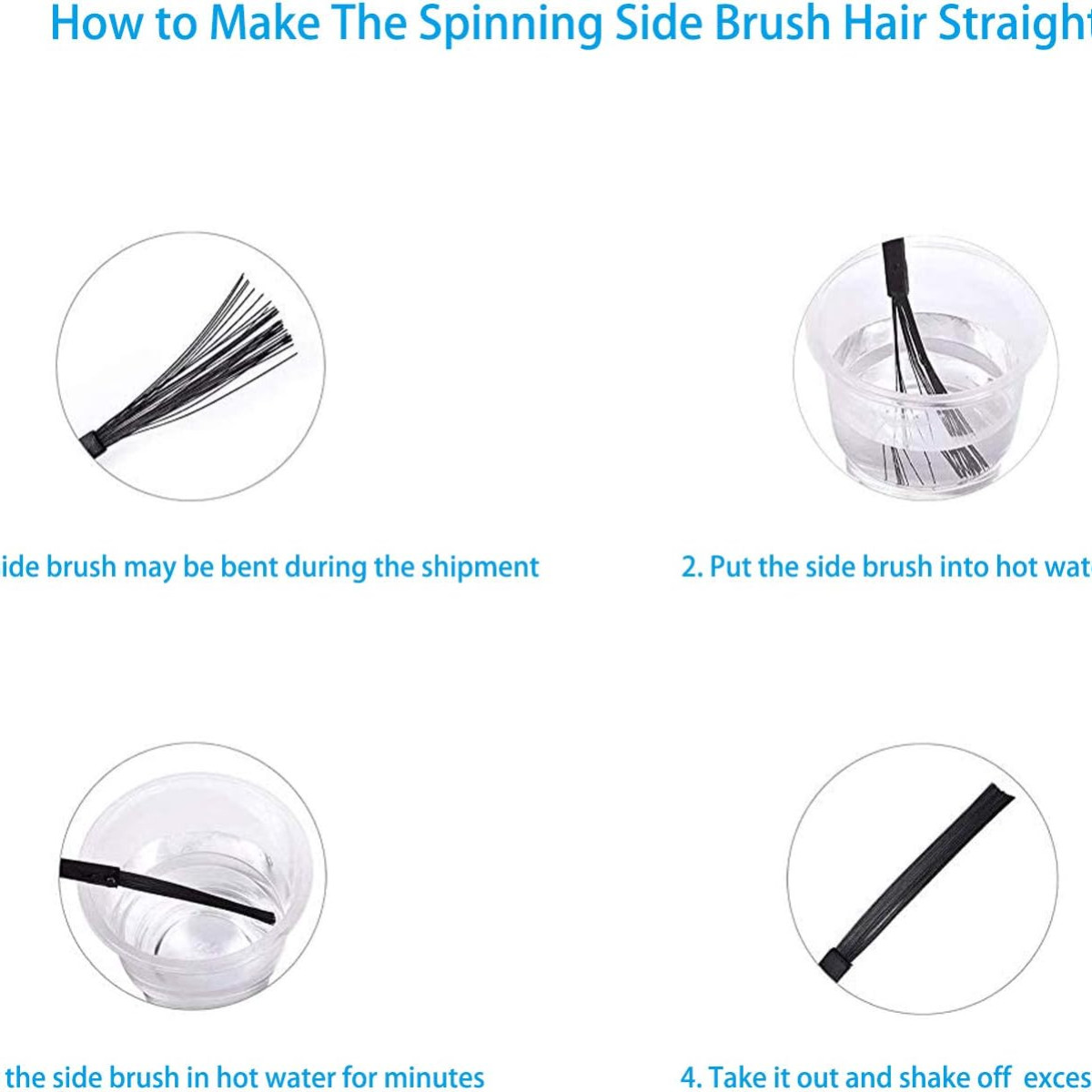 Cztery obrazy pokazujące, jak wyprostować szczotkę boczną do odkurzacza. Szczotka jest czarna.