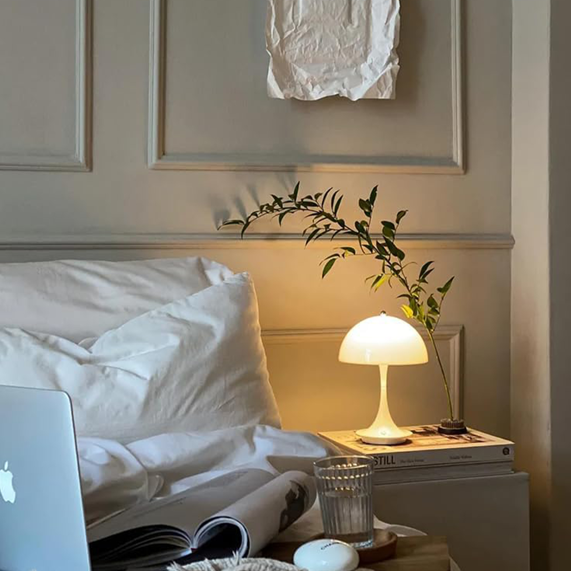 Nachttischszene: Lampe, Pflanze, Bücher und Laptop. Ein Glas Wasser steht neben der Lampe.
