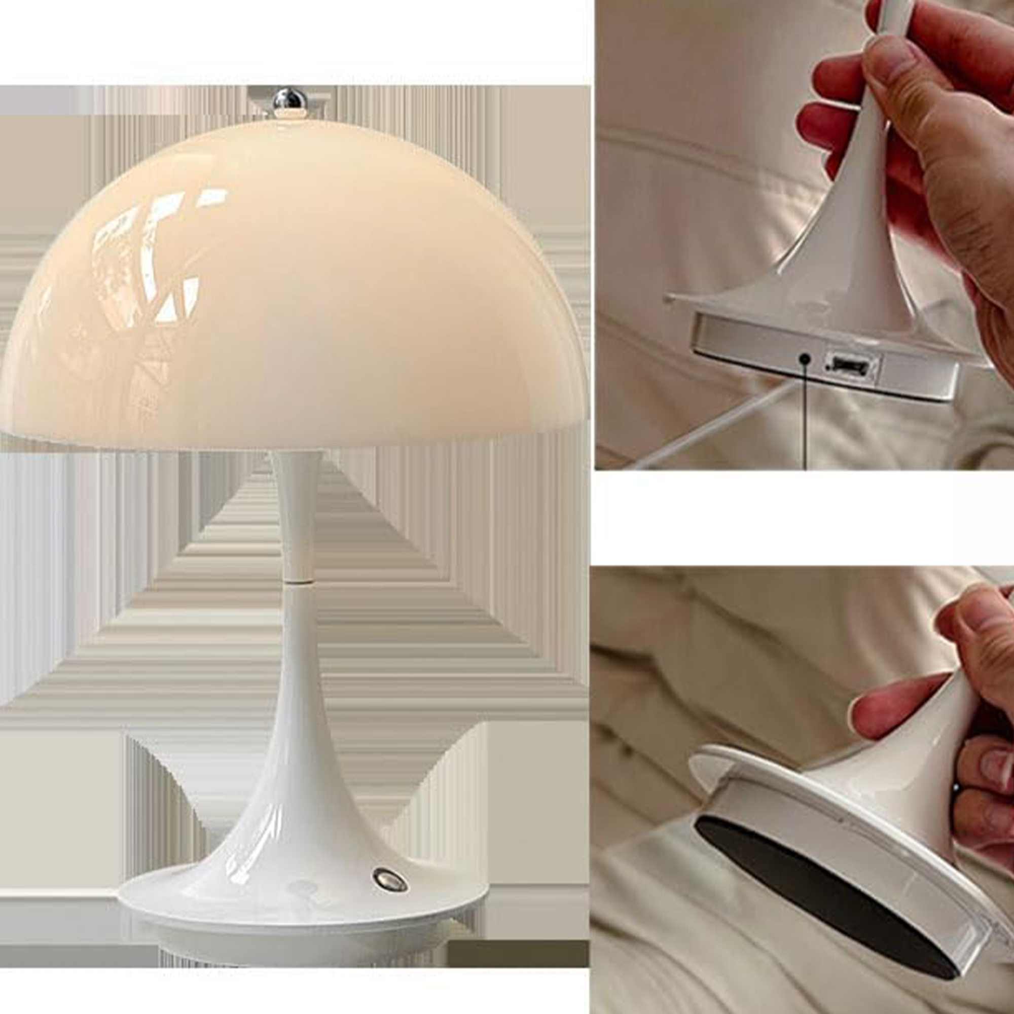 Weiße pilzförmige Lampe. Kleines Licht oben, Basis mit Knopf. USB-Details an der Basis.