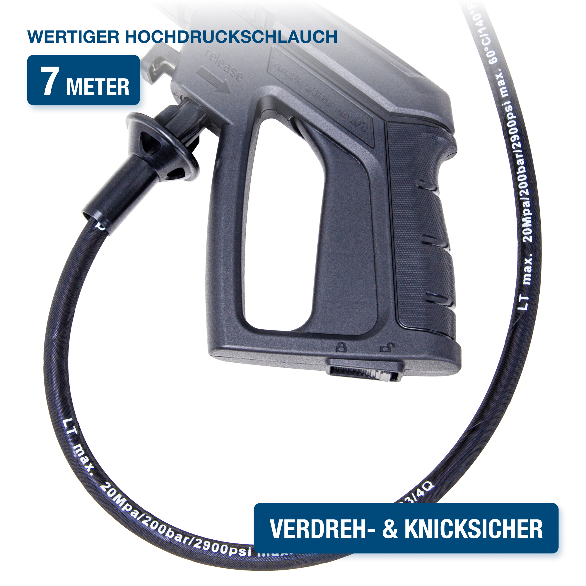 Schwarzer Hochdruckschlauch mit Text, verbunden mit einem schwarzen Griff mit Auslöser und Düse.