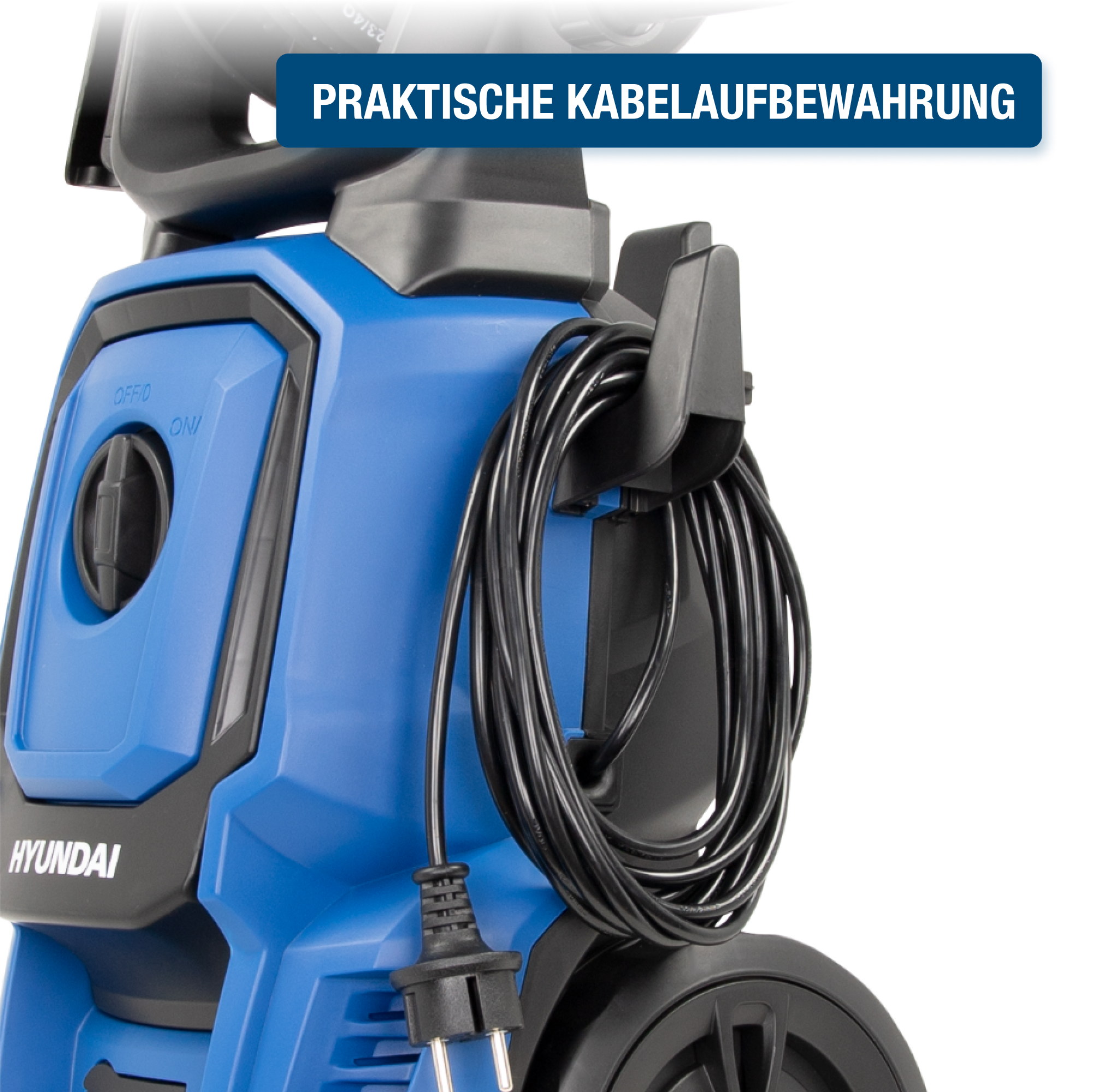 Hochdruckreiniger mit schwarzem Schlauch und Kabellagerung. Blauer Korpus.