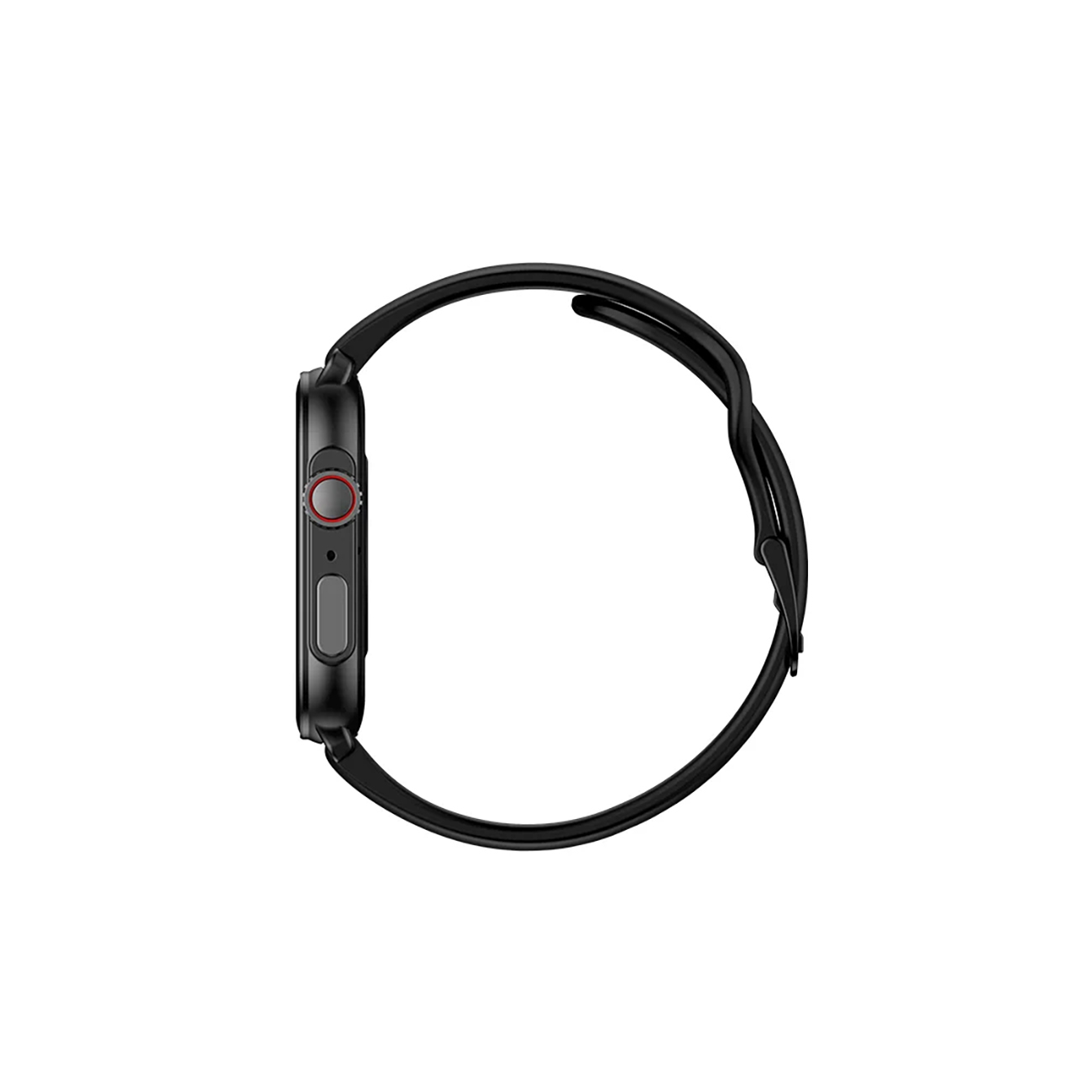 Schwarze Smartwatch mit gebogenem Armband. Die Seite zeigt einen roten und einen schwarzen Knopf.