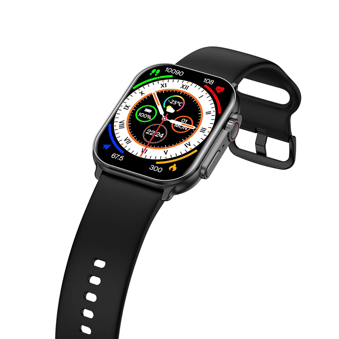 Eine schwarze Smartwatch mit rundem Display, das Daten anzeigt, mit einem schwarzen Armband. Die Uhr ist abgewinkelt.
