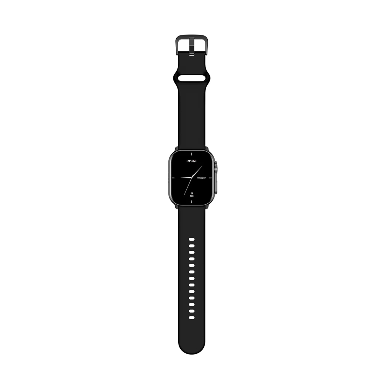Schwarze Smartwatch mit quadratischem Zifferblatt, schwarzem Armband, zeigt Datum und Uhrzeit. Isoliert auf Weiß.