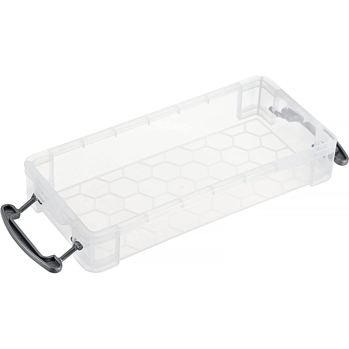 Eine transparente Kunststoff-Aufbewahrungsbox mit zwei Griffen. Die Box hat ein Wabenmuster.