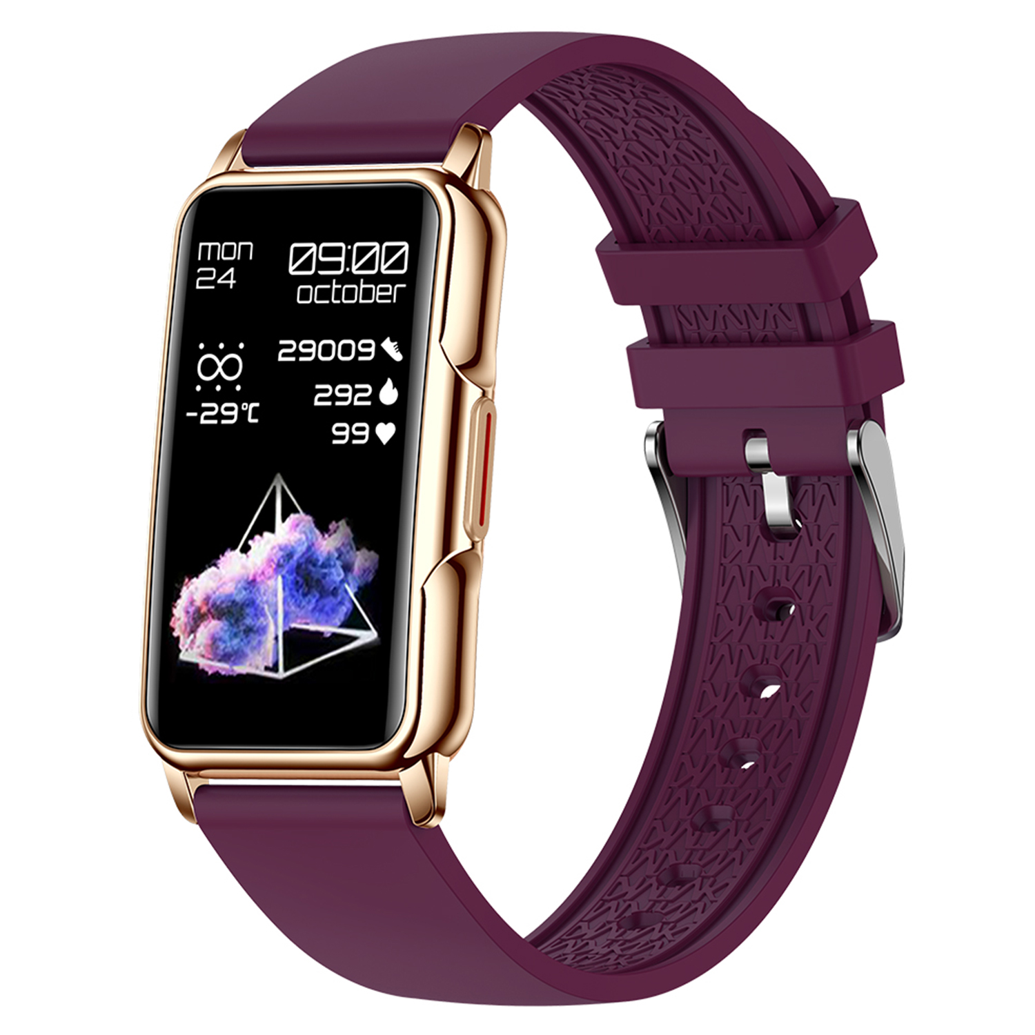Smartwatch mit lila Band, Goldrahmen, zeigt Zeit und Gesundheitsdaten.