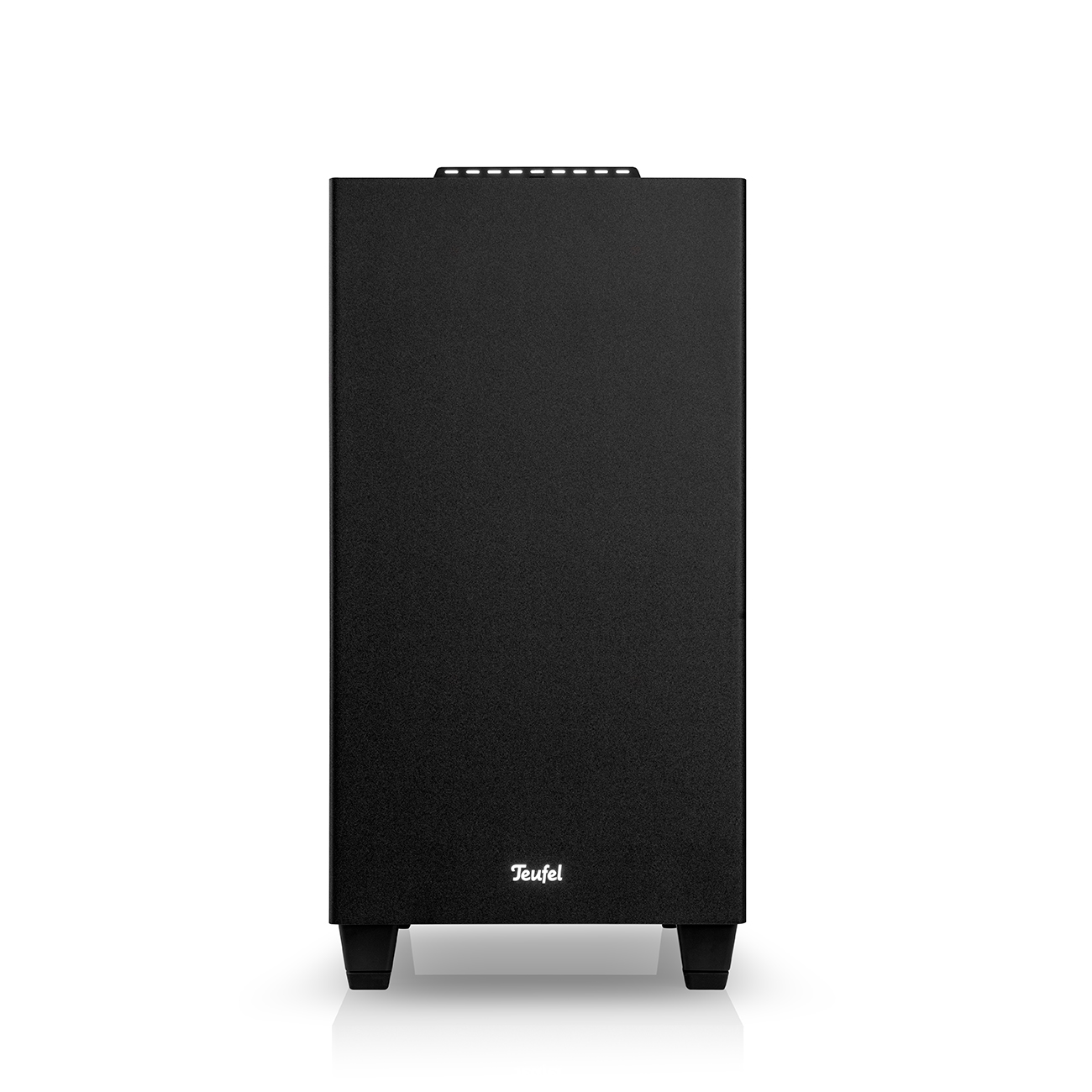Schwarzer Subwoofer-Lautsprecher mit dem Markennamen 'Teufel' auf weißem Hintergrund.