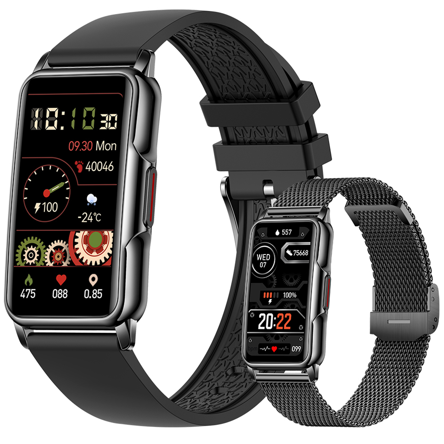 Zwei schwarze Smartwatches, eine mit schwarzem Armband, die andere mit Mesh-Armband. Zeigt Zeit und Daten.