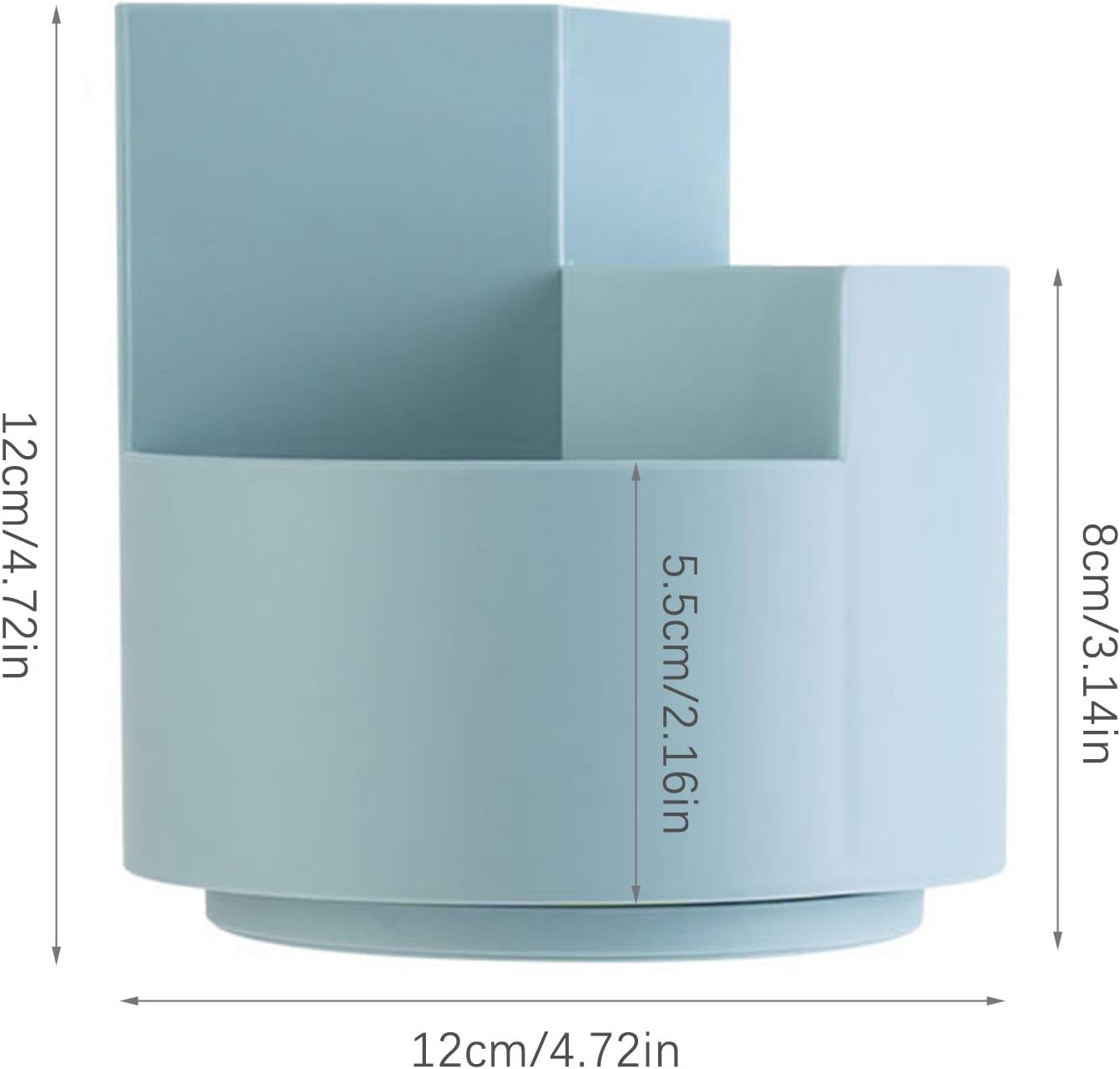 Ein blauer Stifthalter. Er hat drei Fächer und zeigt die Abmessungen: 12 cm/4,72 Zoll und 8 cm/3,14 Zoll.