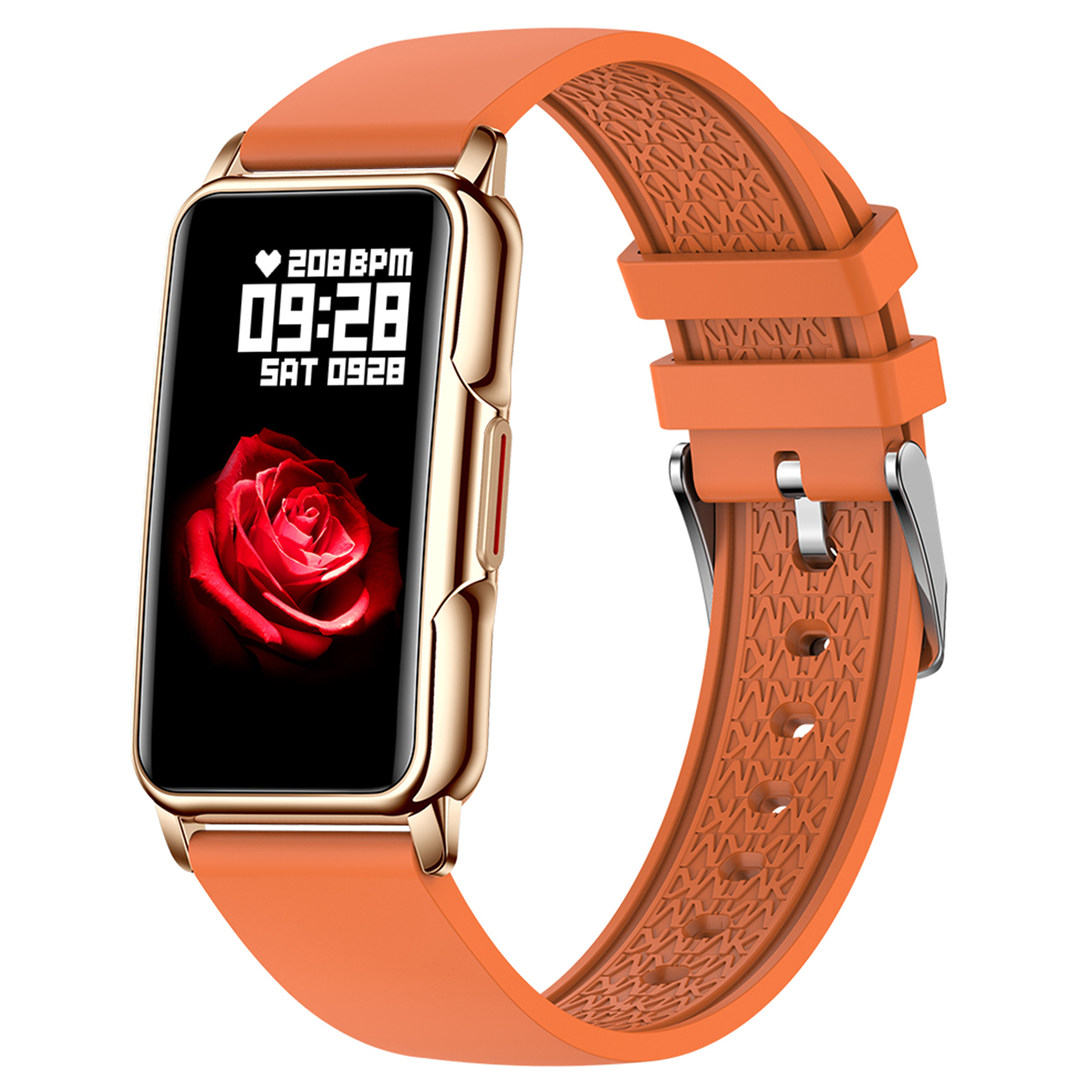 Orange Smartwatch mit goldenem Rahmen, Anzeige von Zeit, Herzfrequenz und Rosenbild. Oranges Armband.