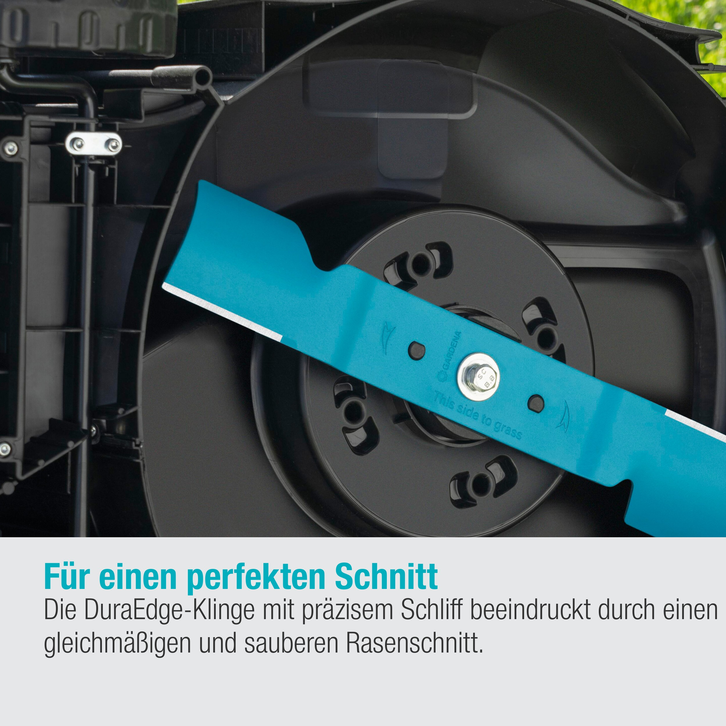 Ein Rasenmähermesser mit deutschem Text. Es ist blau und in einem Rasenmäher.