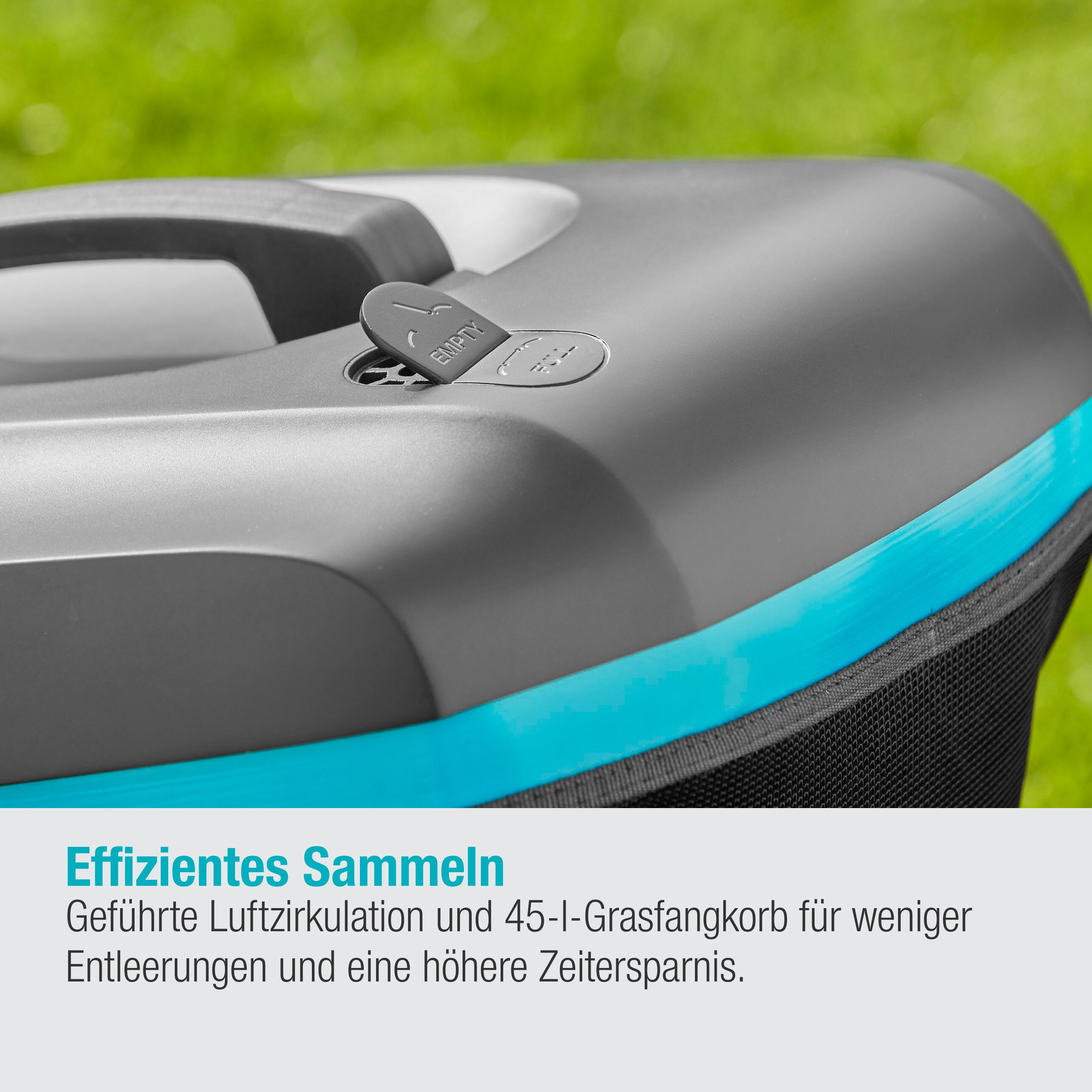 Nahaufnahme eines schwarzen und grauen Rasenmäherbeutels. Der Beutel hat einen blauen Rand mit Anzeige.