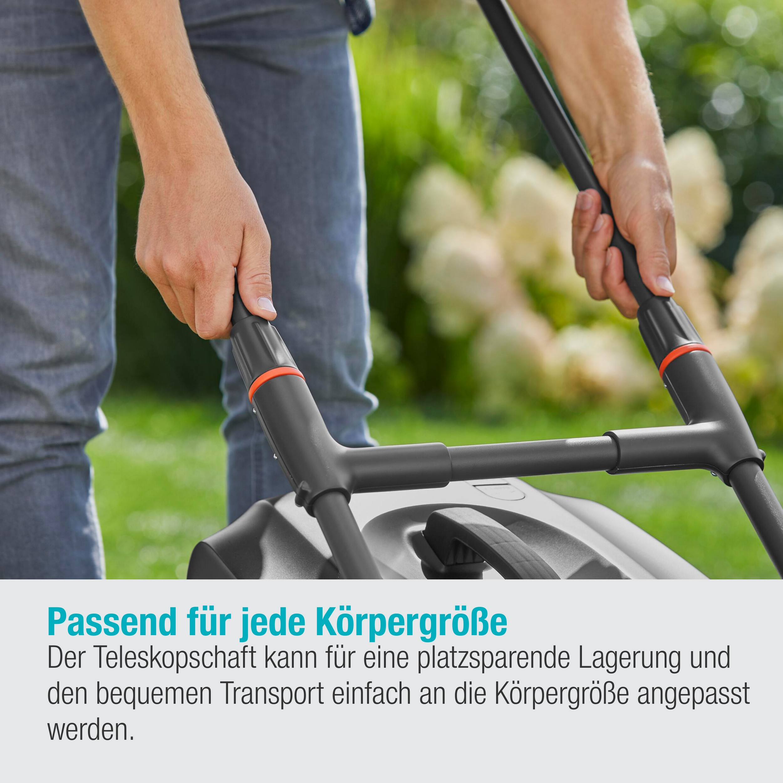 Eine Person hält den Griff eines Rasenmähers, Text über verstellbare Teleskopstange für verschiedene Höhen.