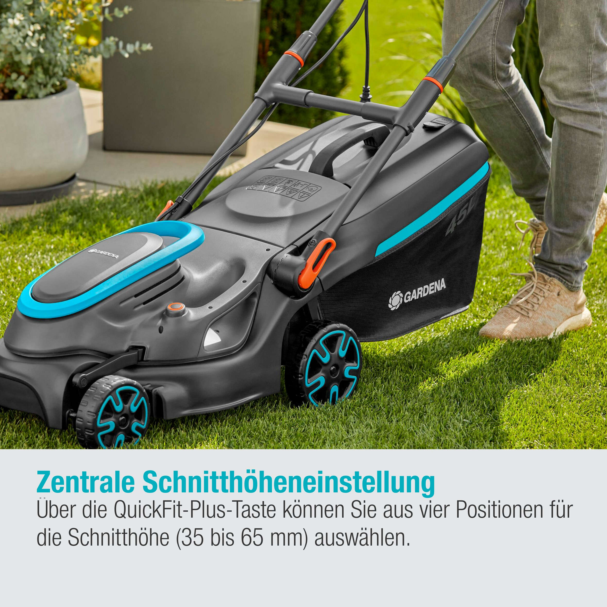 Person mäht Rasen mit Rasenmäher. Text: Zentrale Schnitthöheneinstellung.