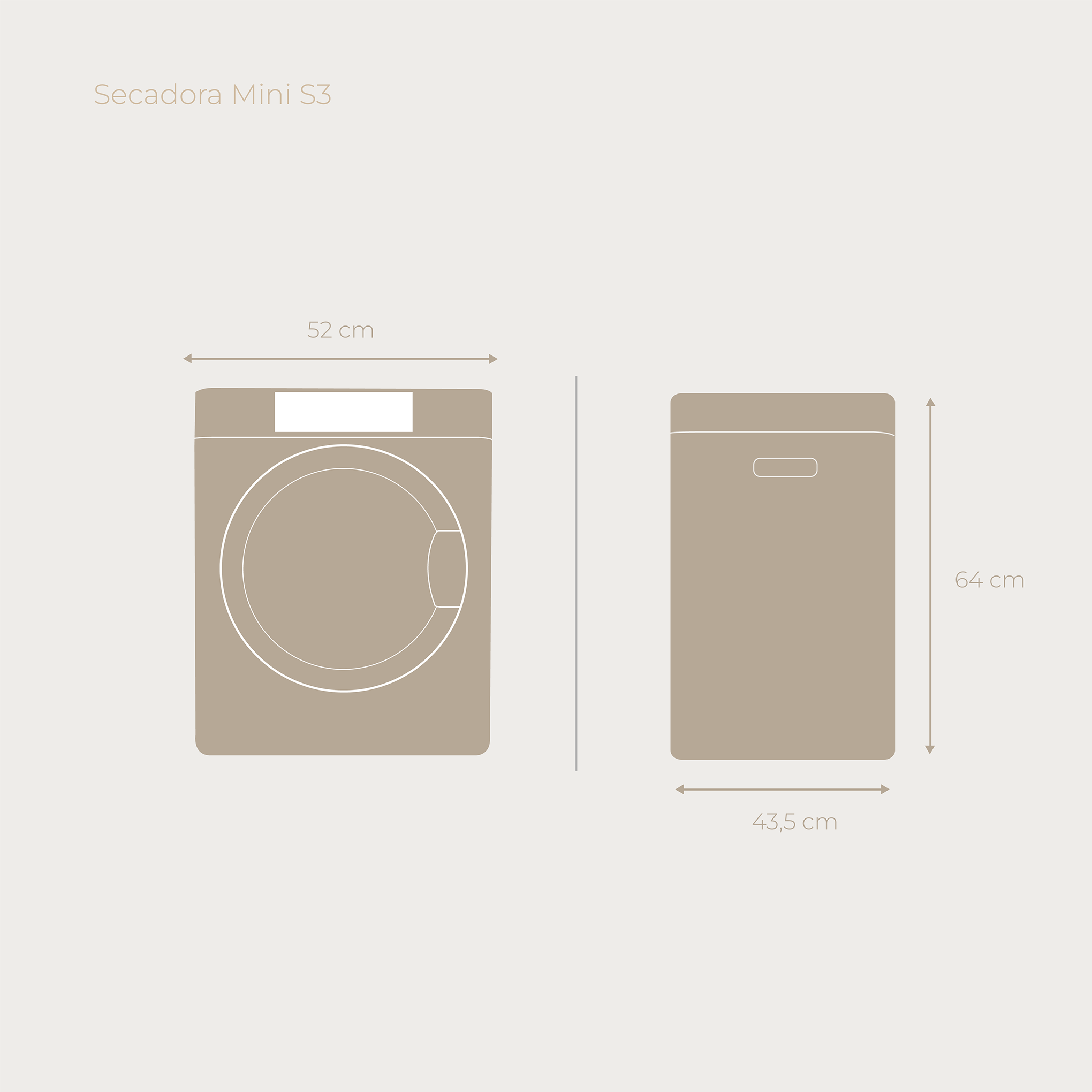 Diagrama de una mini secadora. Tiene dimensiones marcadas, con vista frontal y lateral.