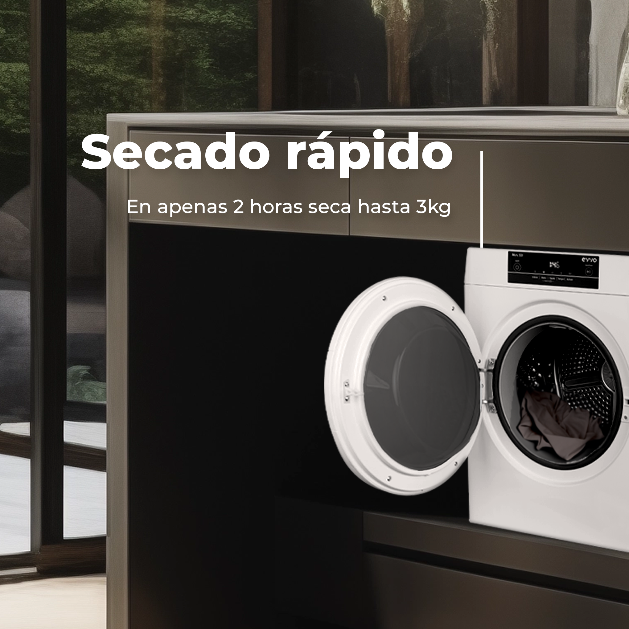 Lavadora con la puerta abierta, con texto sobre secado rápido.
