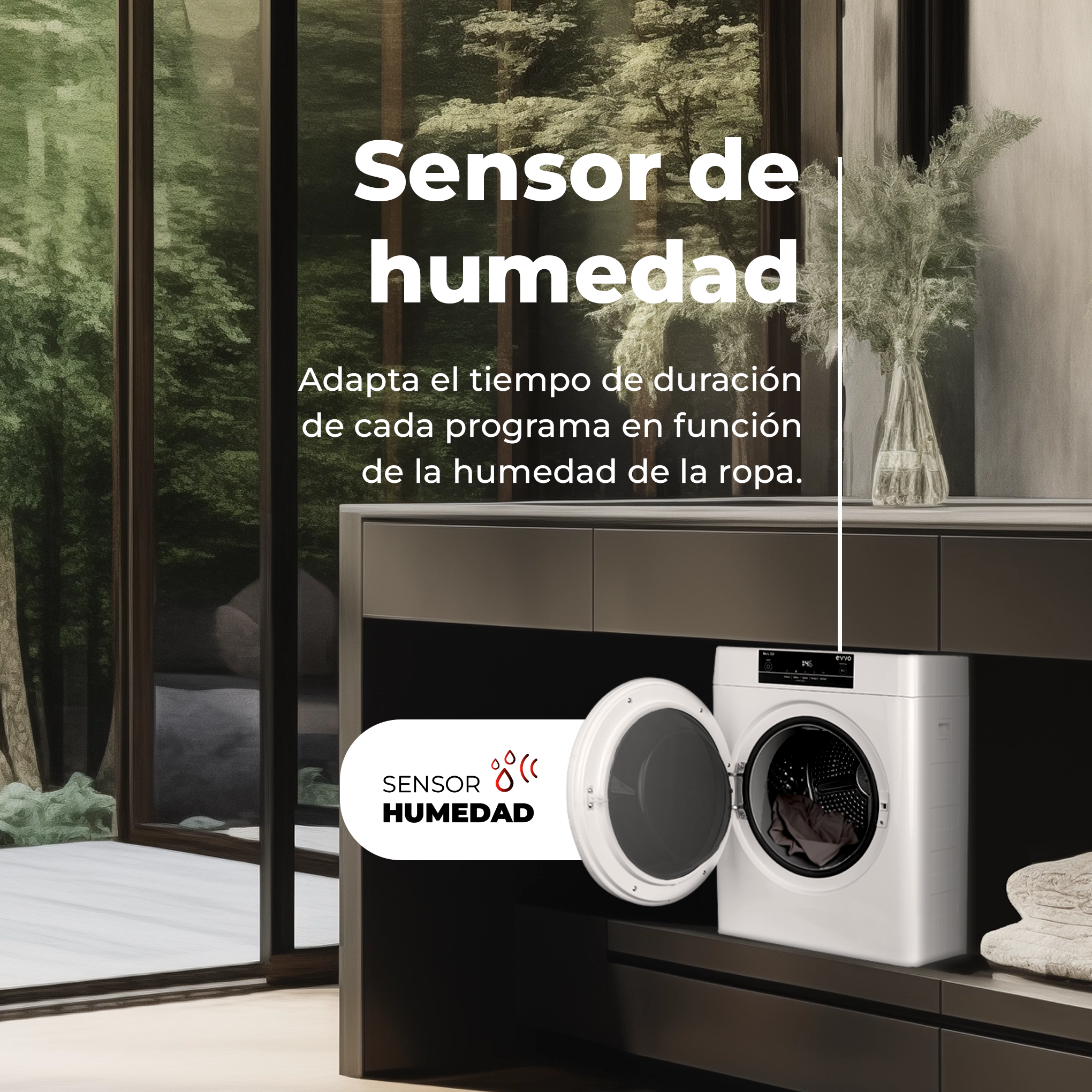 Una lavadora blanca con la puerta abierta. El texto dice que tiene un sensor de humedad.