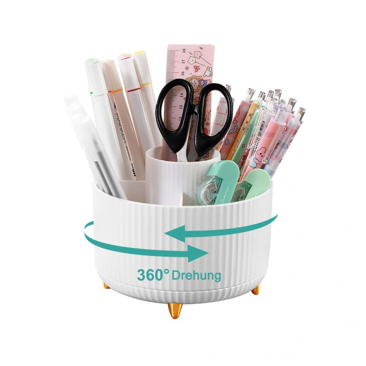 Weißer, rotierender Stifthalter mit Stiften, Bleistiften, Schere, Lineal und Klebebandspender.