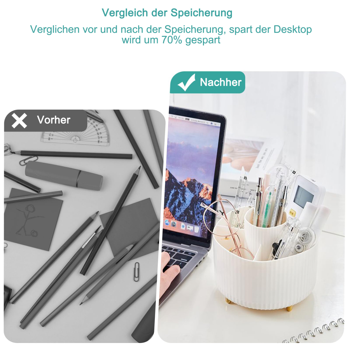 Ein Vergleich von vorher und nachher der Organisation eines Schreibtisches. Die linke Seite ist unordentlich, die rechte Seite ist organisiert.
