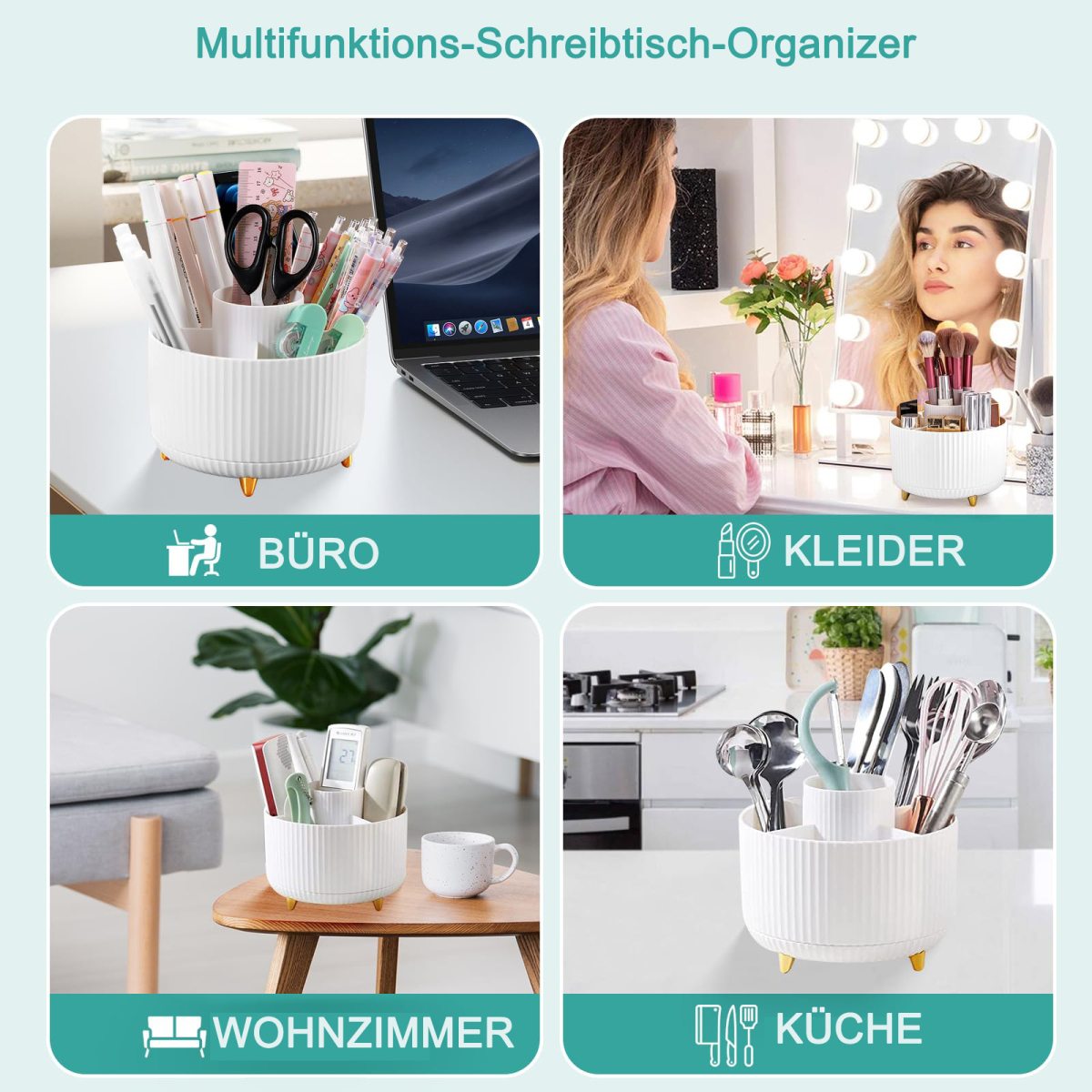 Collage eines weißen Schreibtisch-Organizers mit goldenen Beinen, mit Gegenständen darin, in vier Umgebungen.