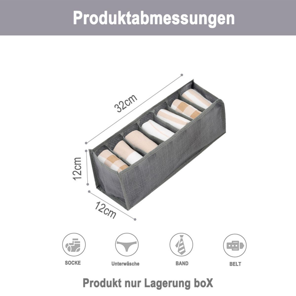 Eine graue Organizer-Box mit Fächern. Enthält Socken, Unterwäsche, eine Krawatte und einen Gürtel.