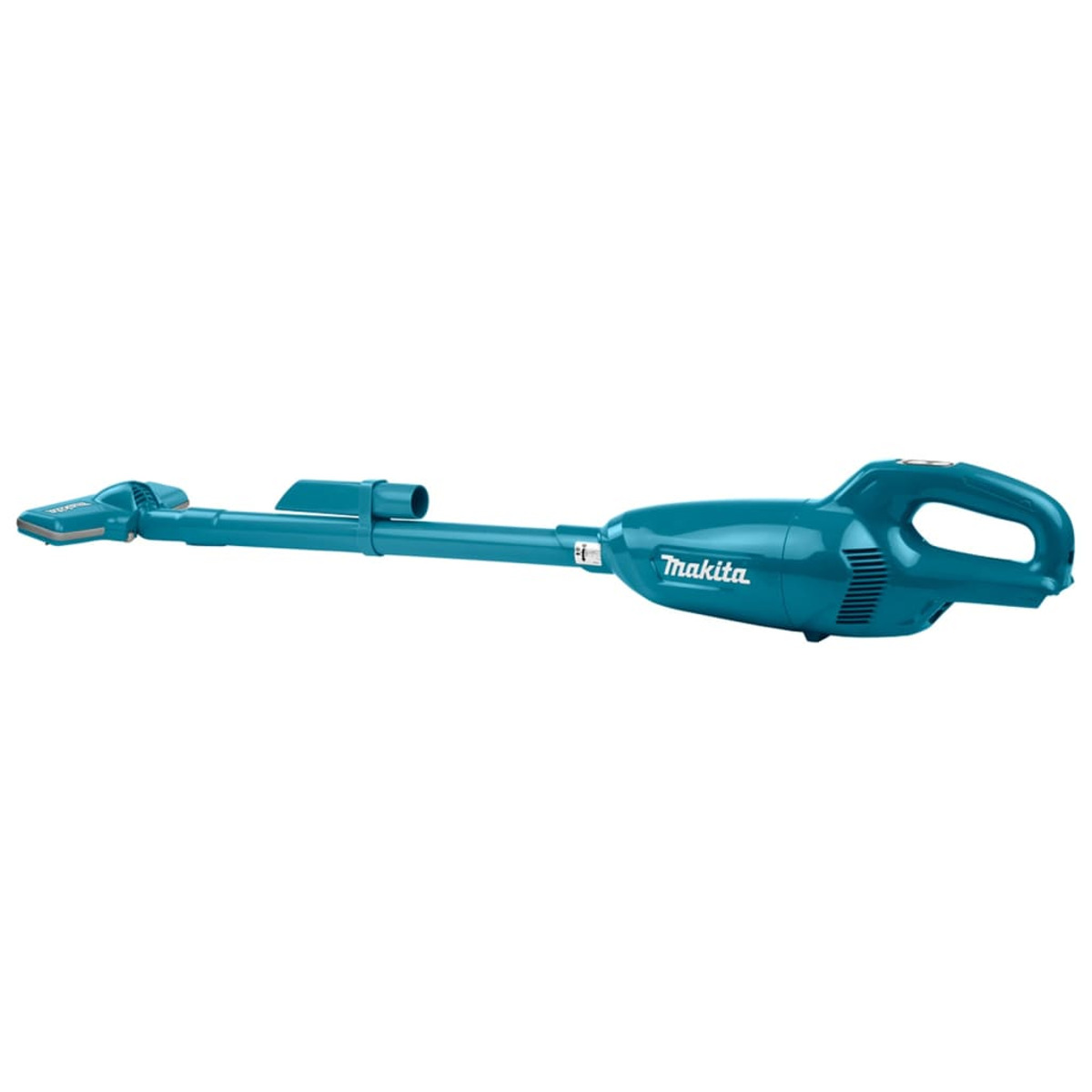 Un aspirapolvere cordless Makita turchese. Ha un lungo ugello e un'impugnatura.