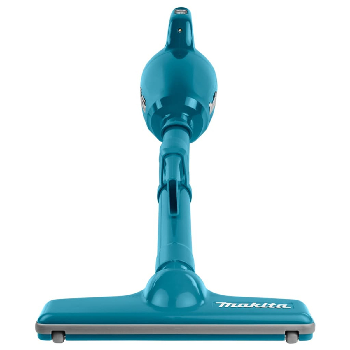 Un aspirapolvere portatile turchese con il logo Makita su sfondo bianco.