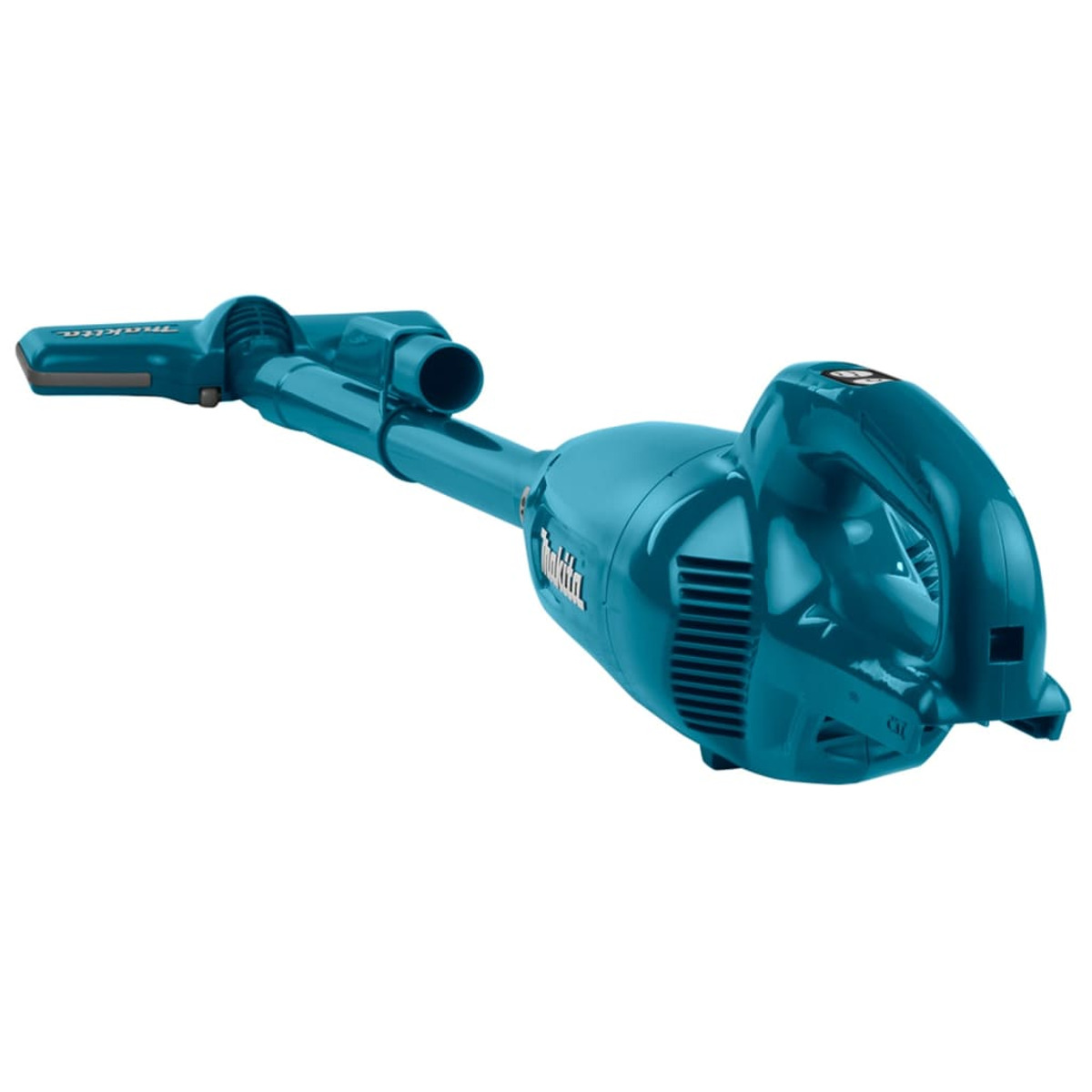 Aspirapolvere Makita turchese. È portatile e ha un ugello collegato, pronto per l'uso.