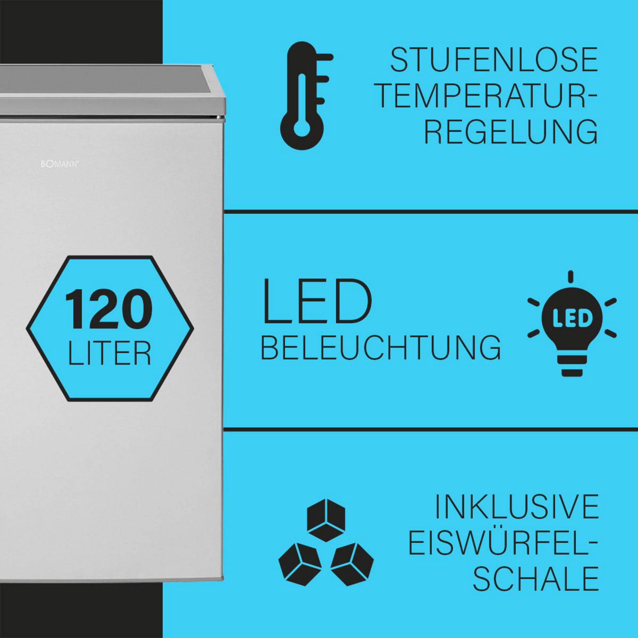Ein weißer Kühlschrank mit Text über Temperaturregelung und LED-Beleuchtung.