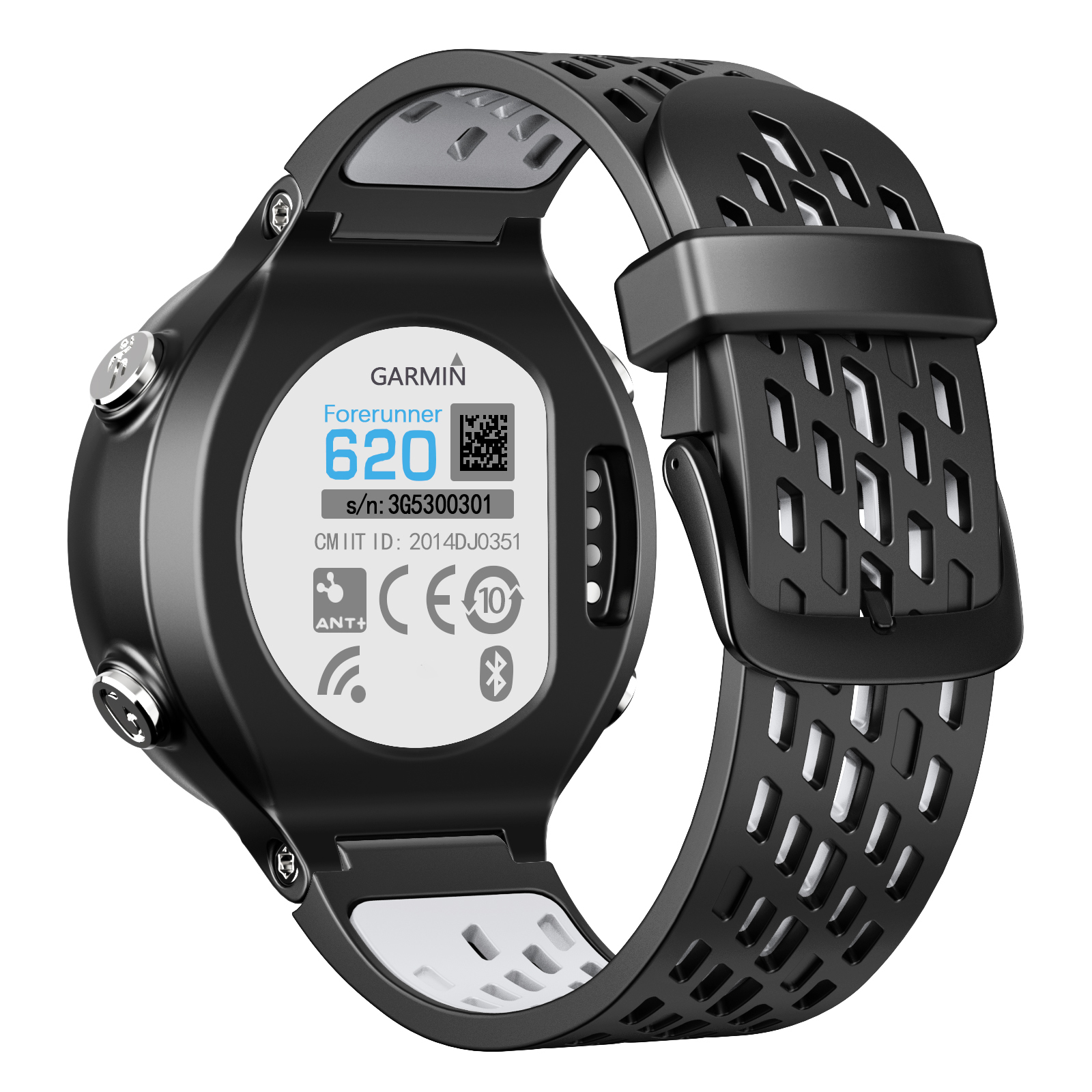 Rückansicht einer schwarzen Garmin Forerunner 620 Uhr mit schwarz-weißem Armband.