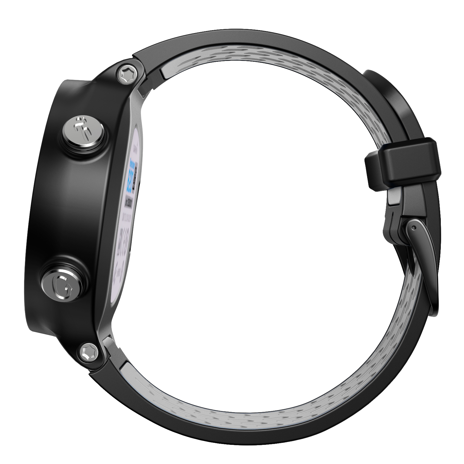 Schwarze Smartwatch mit rundem Zifferblatt und schwarz-grauem Armband.