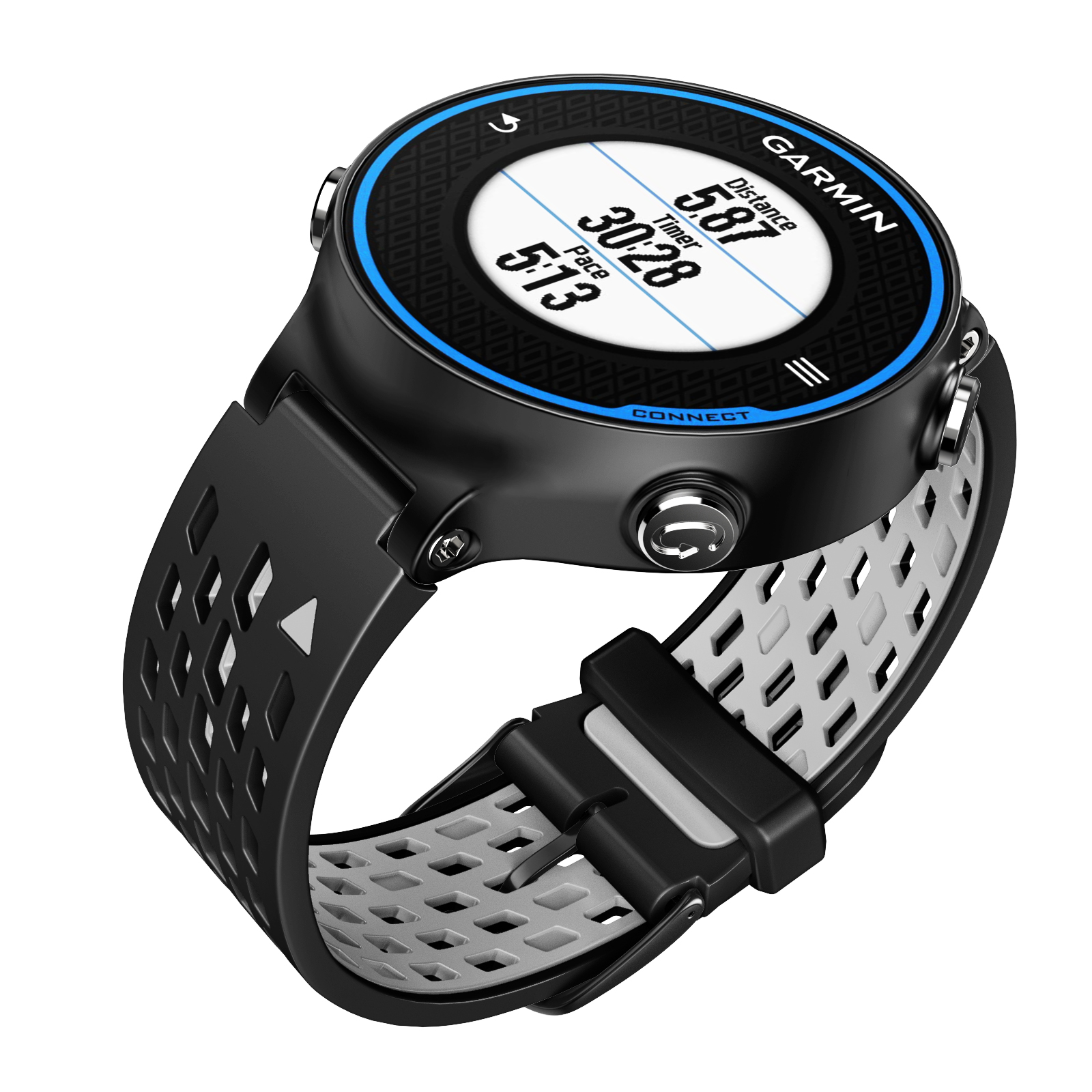 Schwarze Garmin-Smartwatch mit schwarz-weißem Band. Der Bildschirm zeigt Daten.