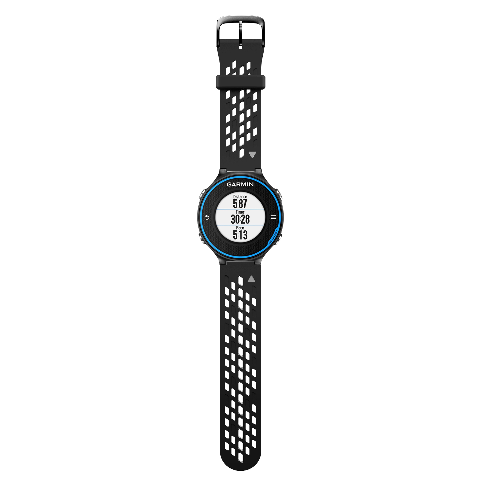 Schwarze Garmin Smartwatch mit Datenanzeige, schwarzes Armband.