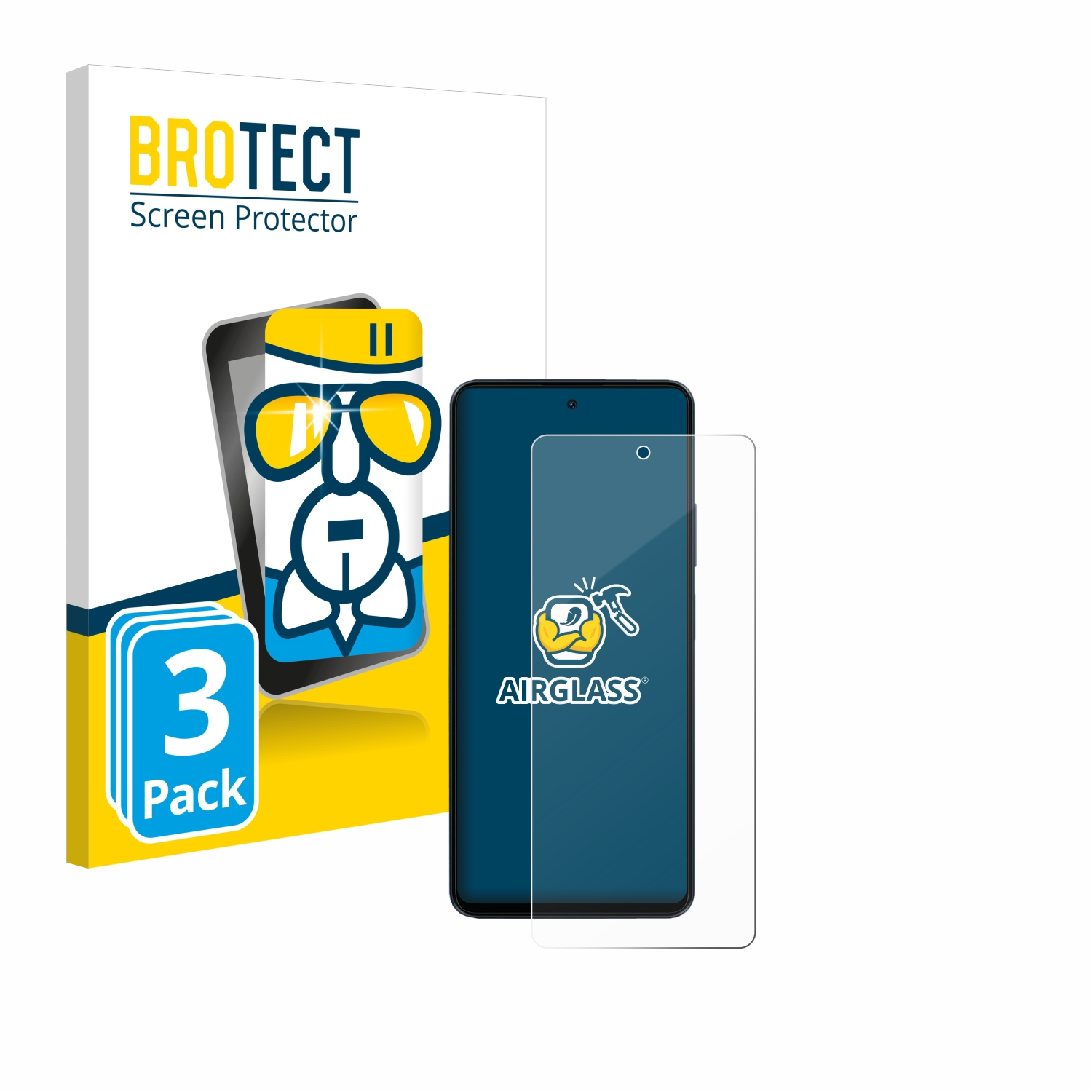 Ein Telefon mit einer Displayschutzfolienbox und einer Displayschutzfolie davor. Auf der Box steht BROTECT Screen Protector.