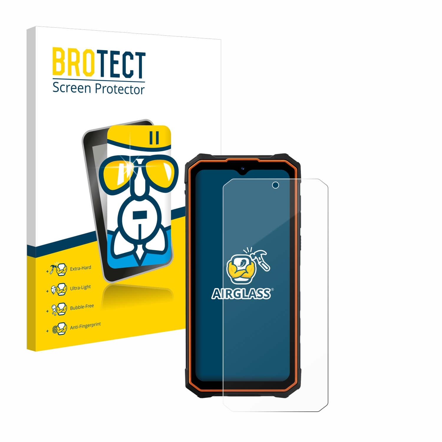 Schutzfolienbox und ein Telefon mit aufgebrachter Schutzfolie. Text: BROTECT Screen Protector, AIRGLASS.