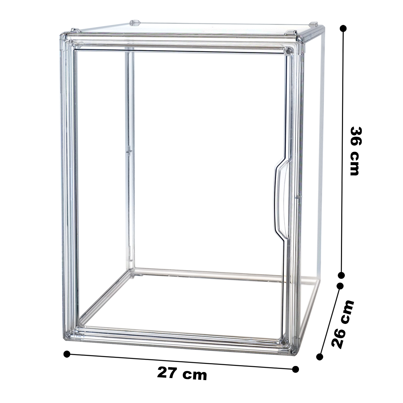 Transparente quadratische Aufbewahrungsbox mit Tür und Maßangaben. Sichtbarer Türgriff.